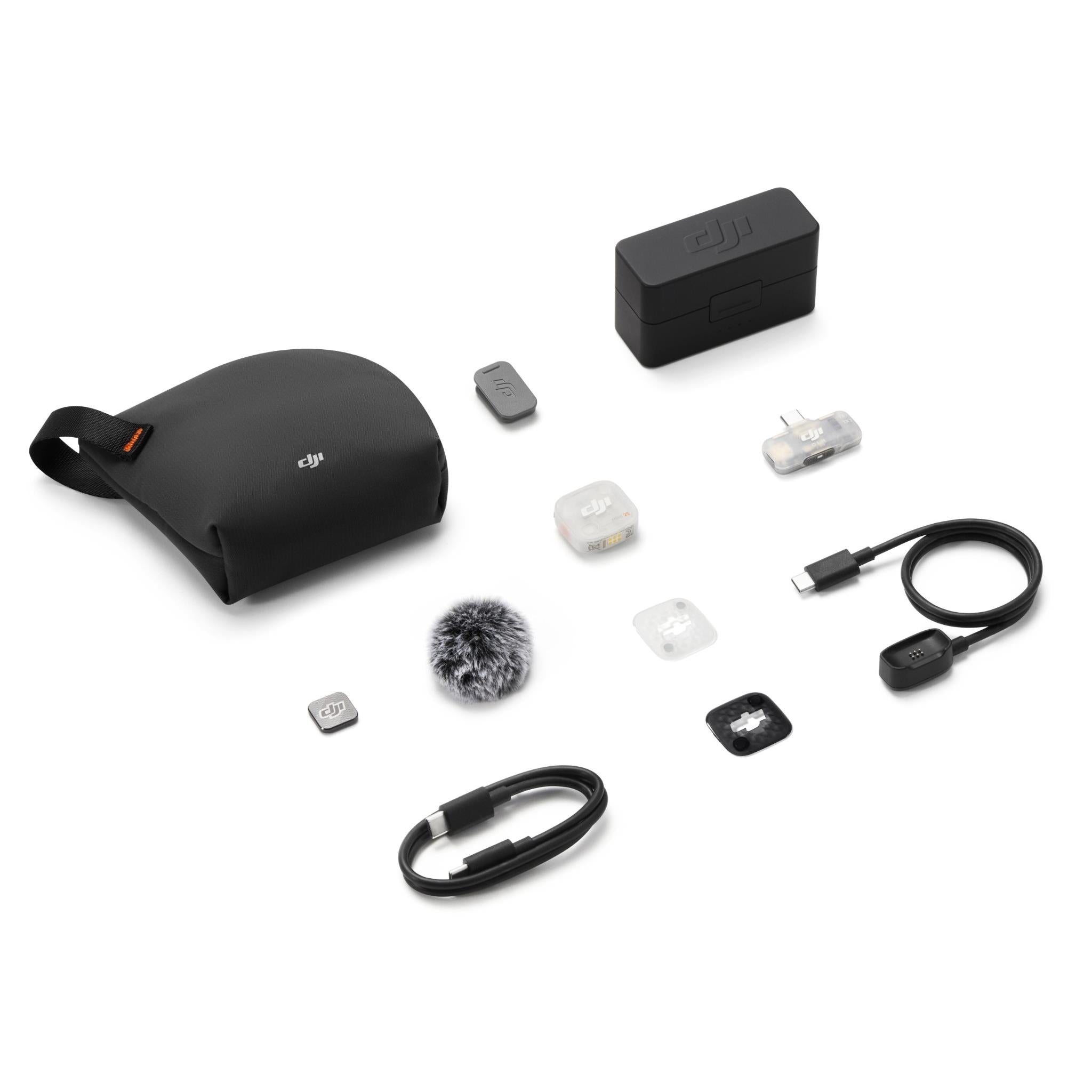 DJI Mic Mini 2S wireless mic kit with black receiver case, transmitter, cable and windscreen