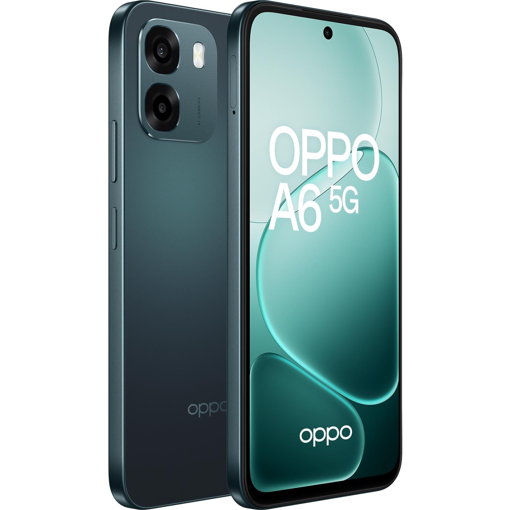 OPPO A6 5G smartphone, sapphire black back and front with curved teal display