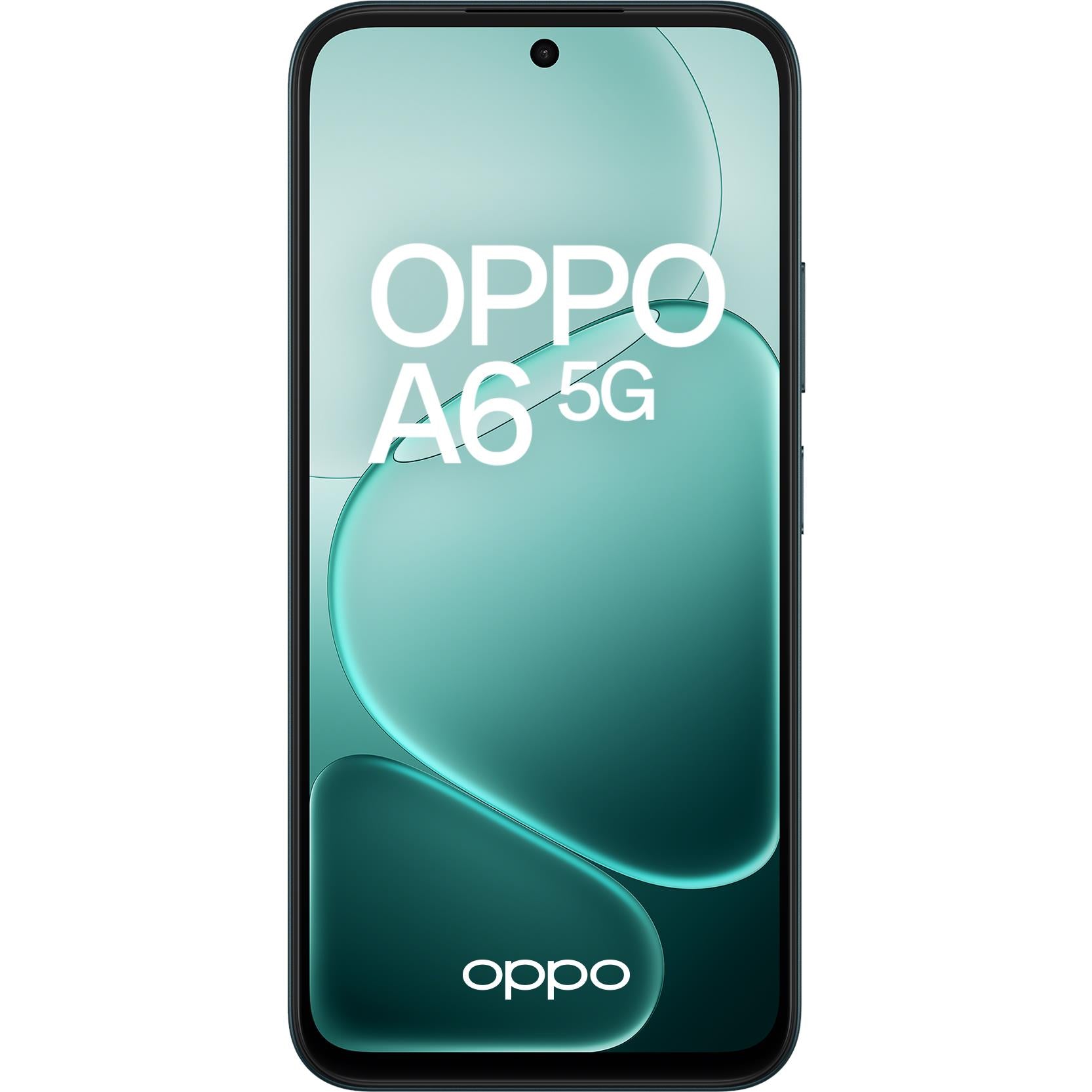 OPPO A6 5G smartphone front view with curved teal screen and front camera