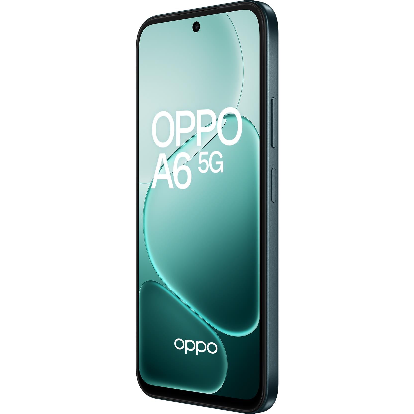 OPPO A6 5G smartphone front view with curved wallpaper and front speaker