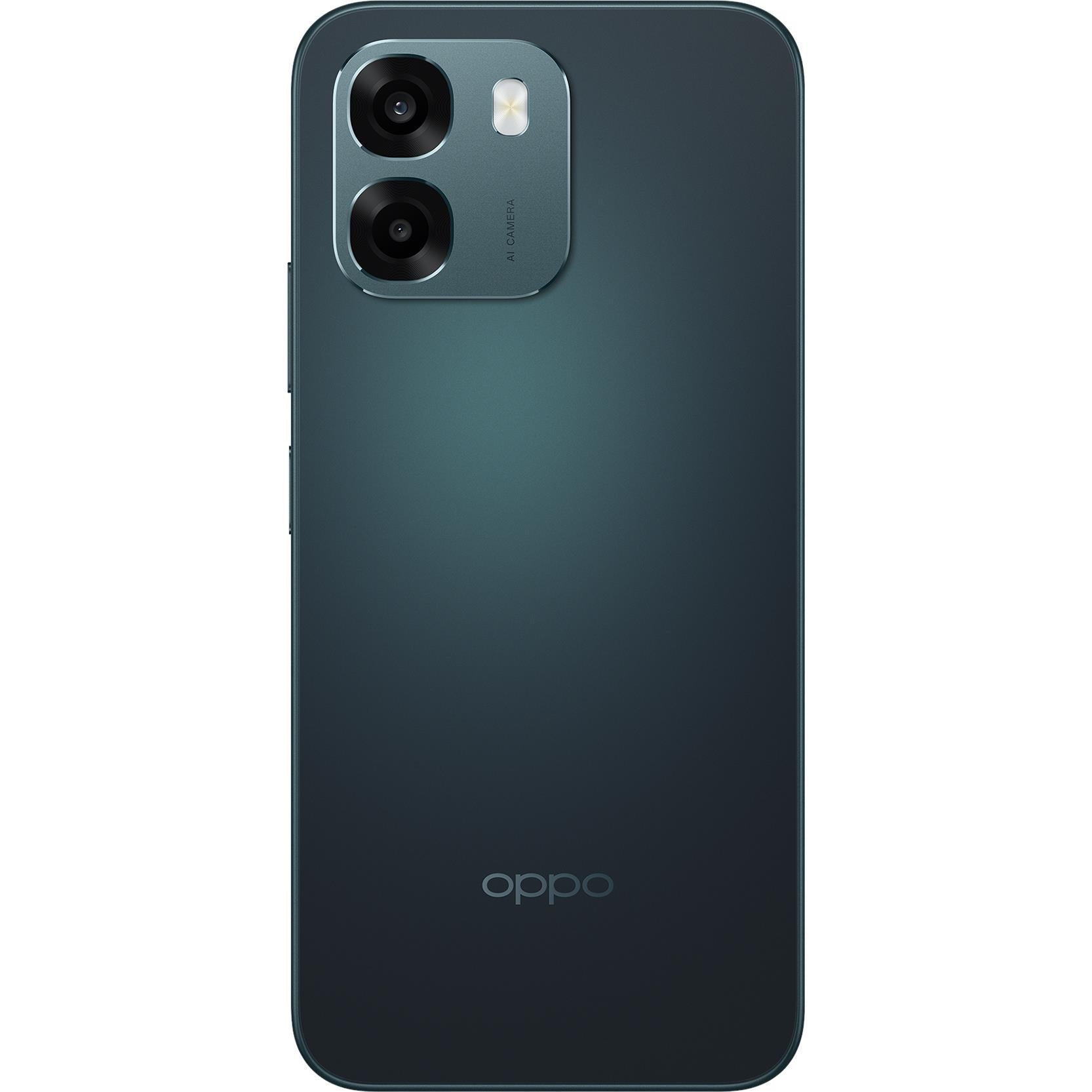 OPPO A6 5G smartphone back view in sapphire black with dual cameras