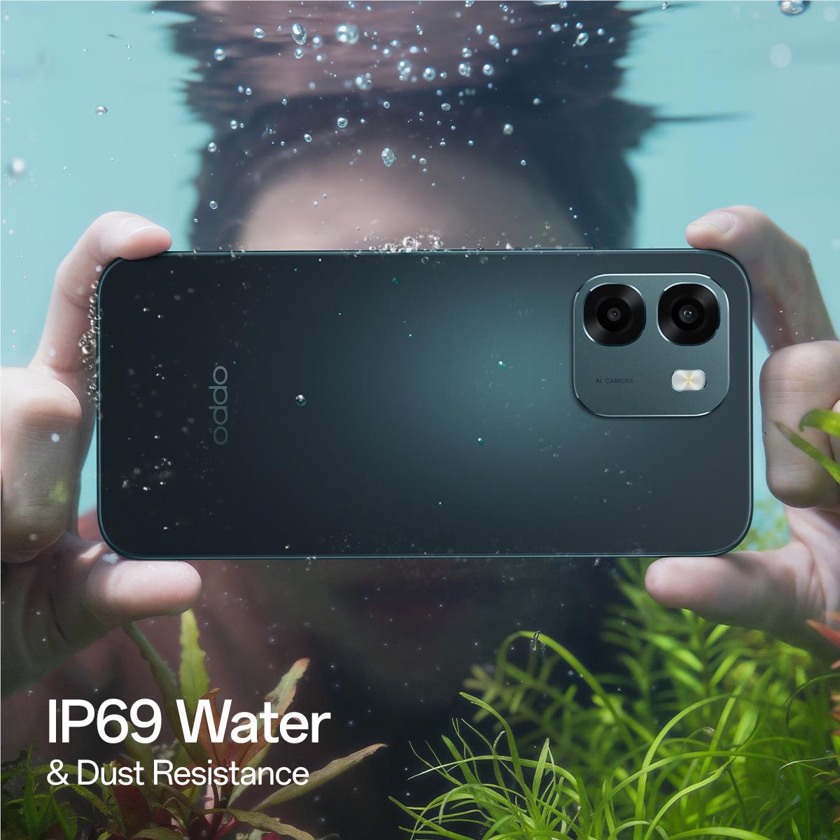 OPPO A6 5G smartphone back in sapphire black held outdoors