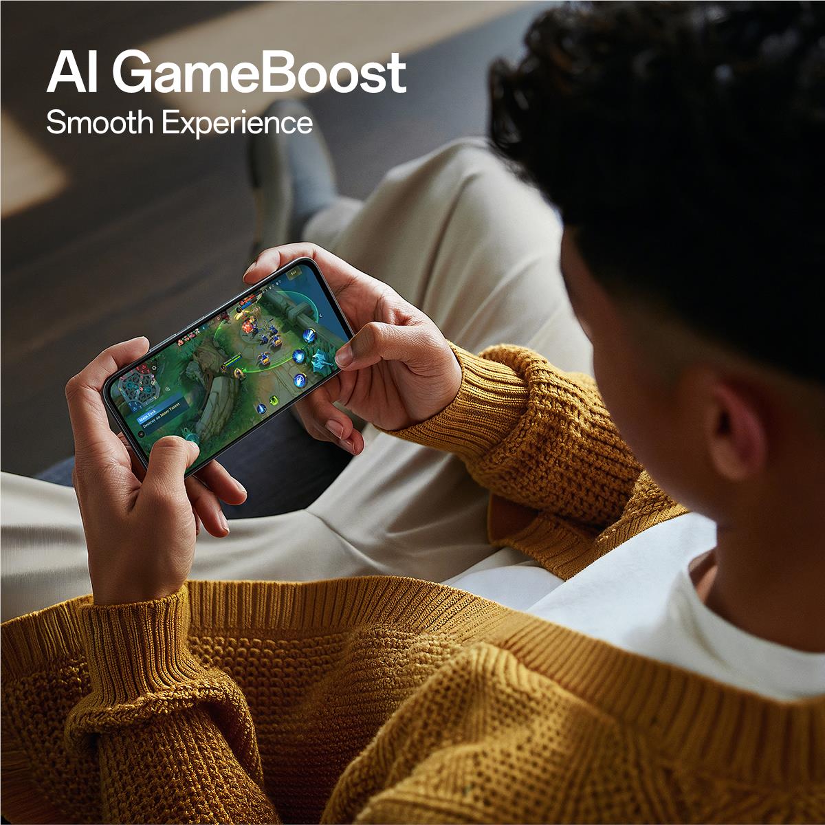 OPPO A6 5G smartphone in hands showing gameplay on a teal screen
