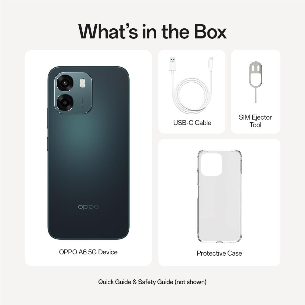 OPPO A6 5G box contents with smartphone, USB-C cable, SIM ejector, and case