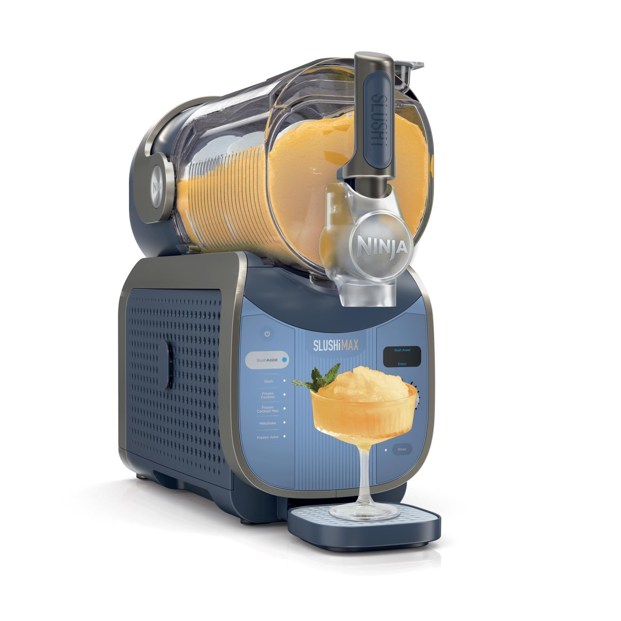 Blue frozen drink maker with clear blender lid and yellow ice drink in cup