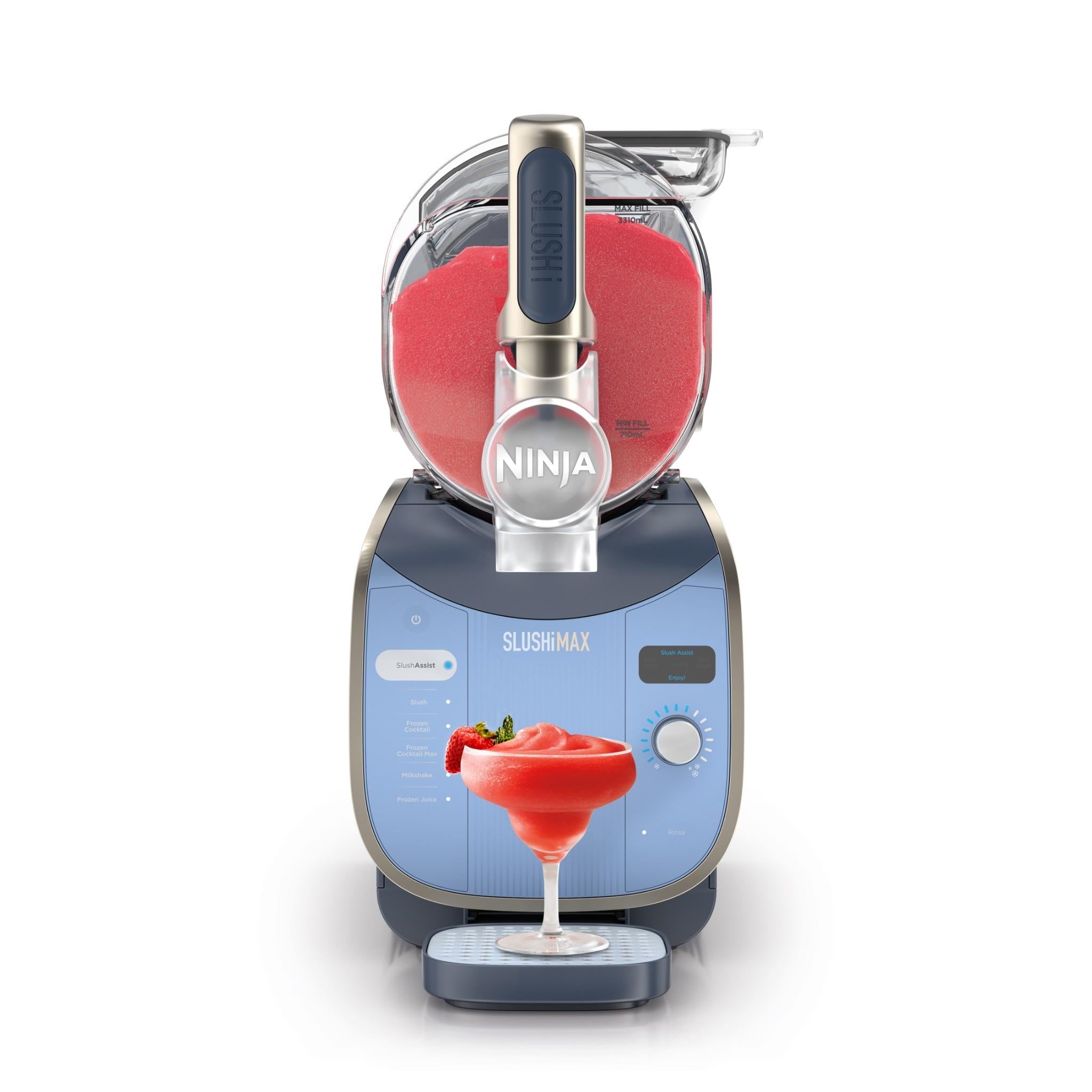 Blue frozen drink maker dispensing red slush into a serving glass