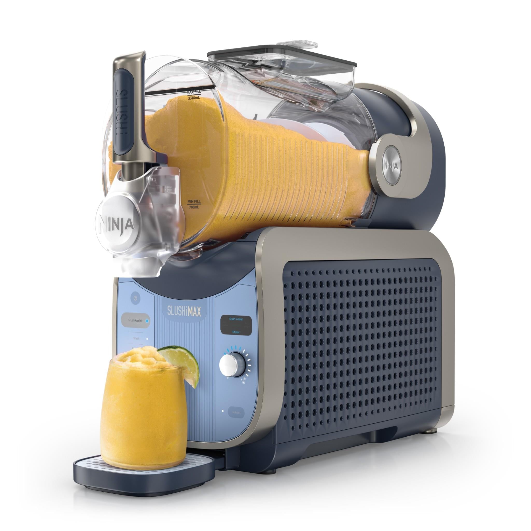 Blue frozen drink maker with clear chamber and yellow frozen drink cup on base