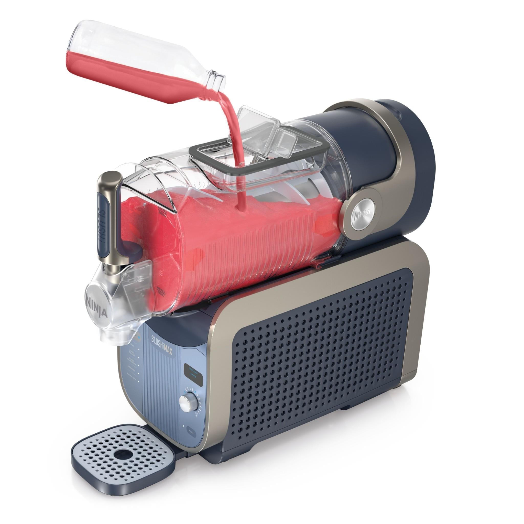 Blue frozen drink maker with red ice mixture pouring into container