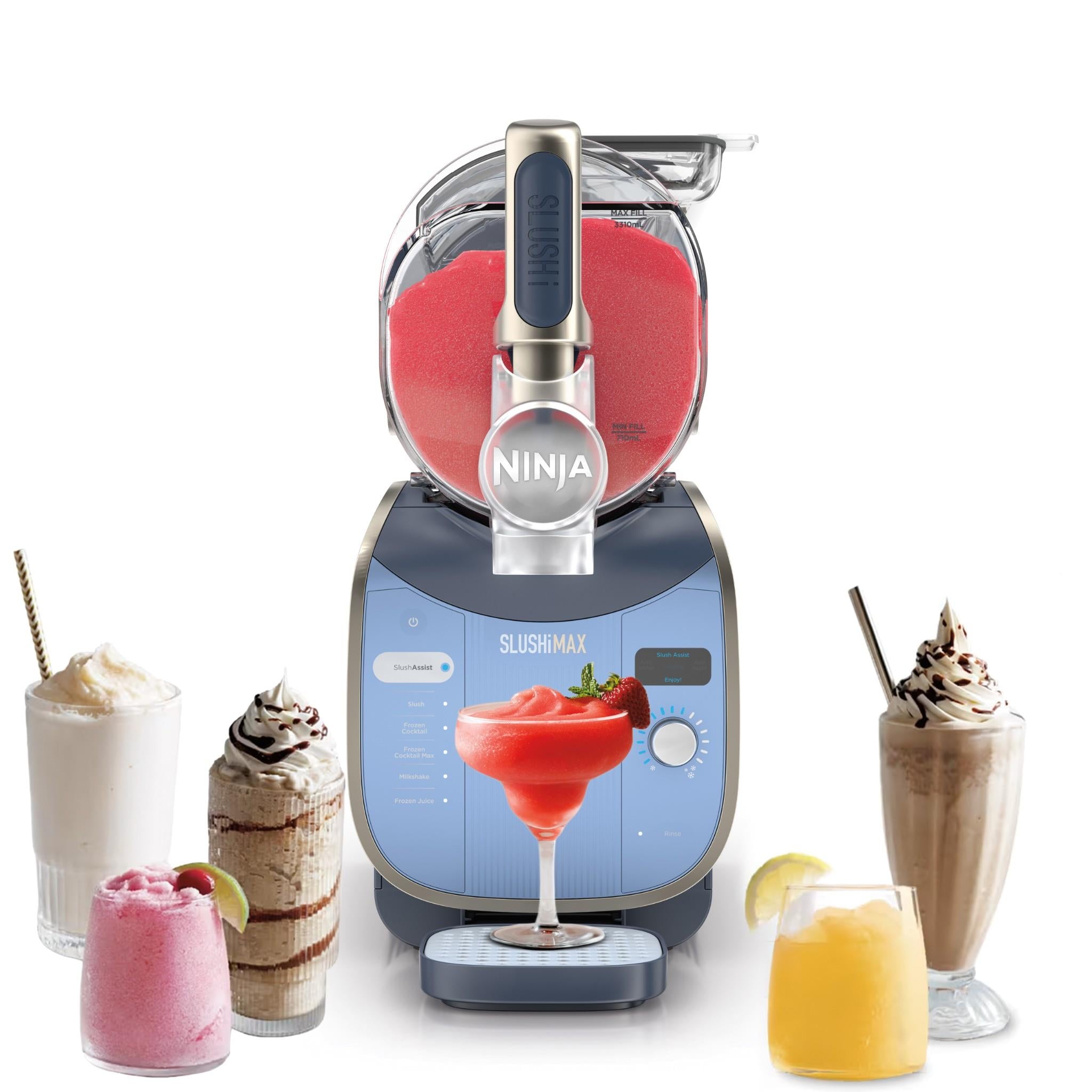 Blue frozen drink maker with multiple slush cups and glasses around