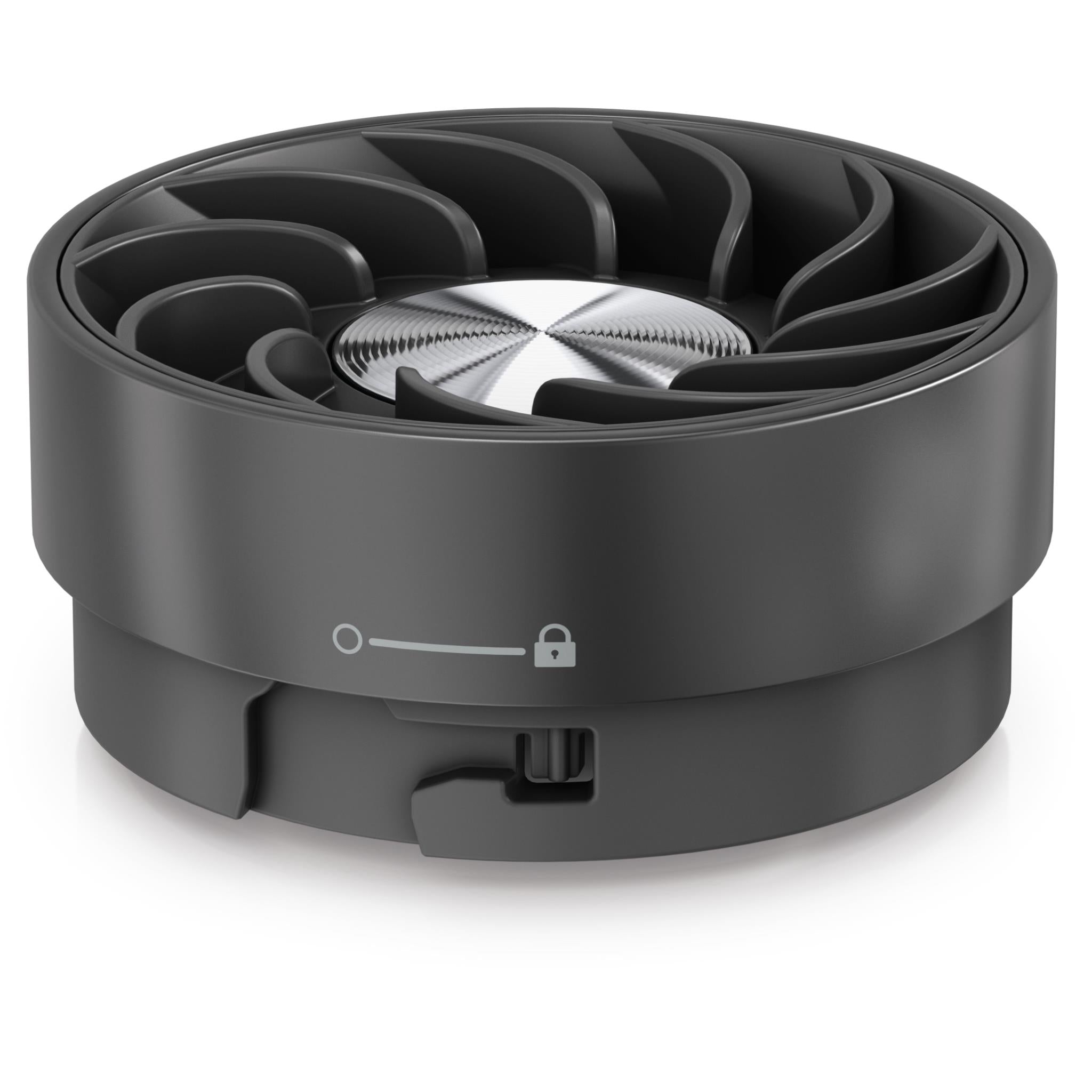 Charcoal cooling fan head with open vents and visible internal blades