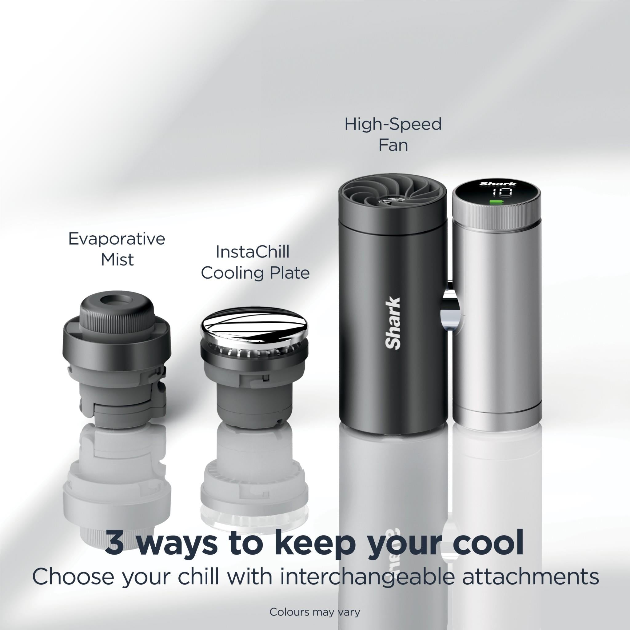 Handheld cooling fan with three attachments shown in charcoal and silver