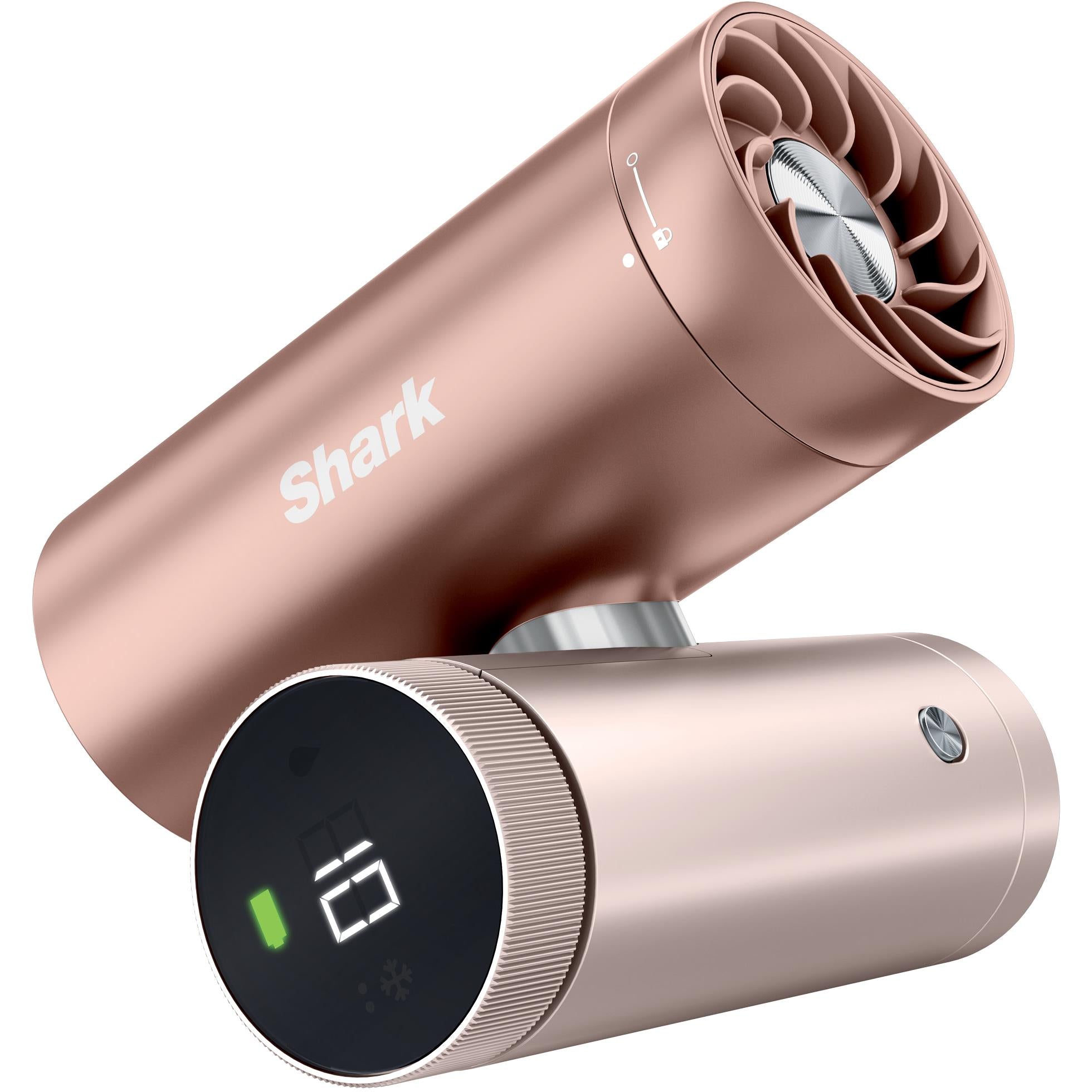 Rose gold 3-in-1 handheld fan and mister with open fan head, Shark ChillPill