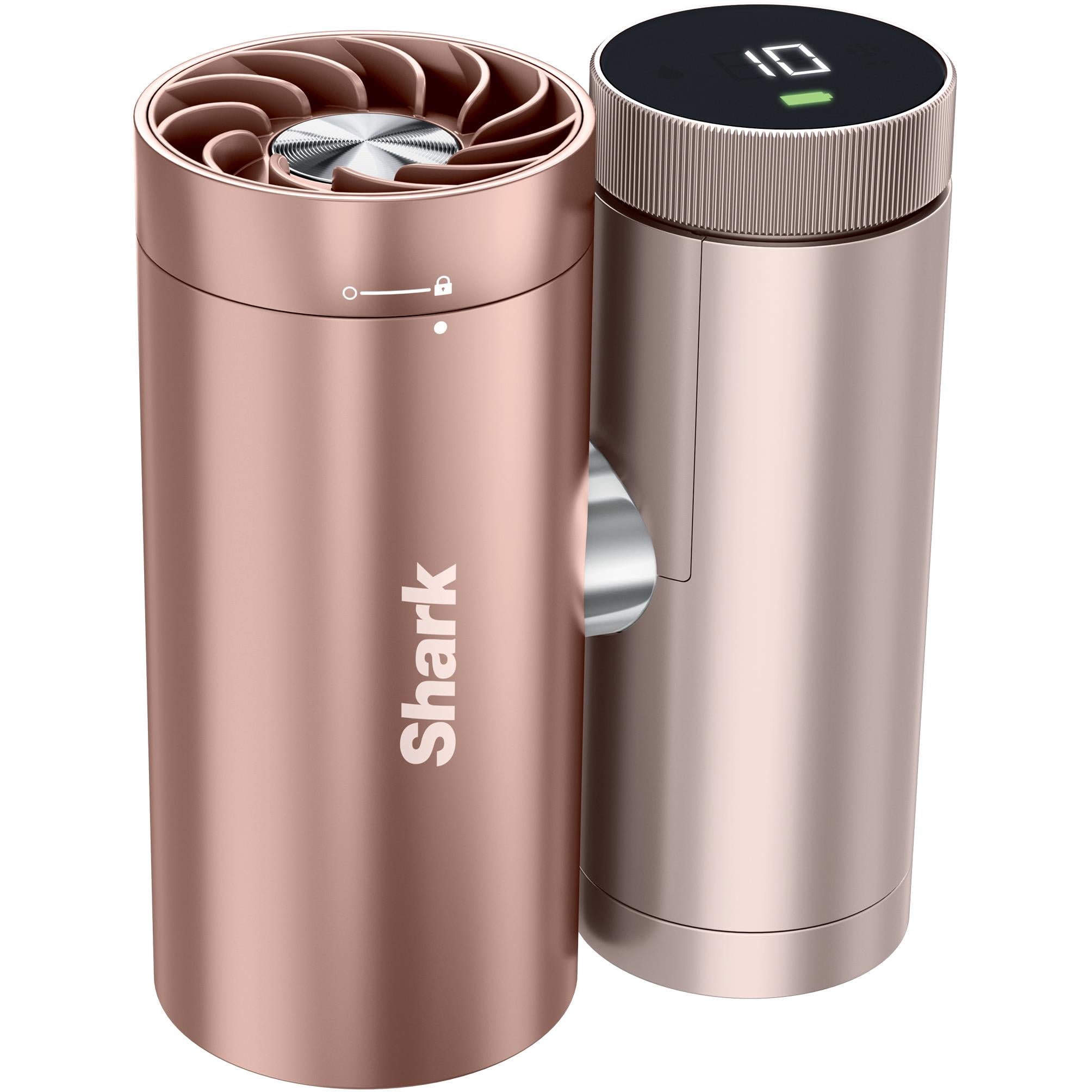 Rose gold and silver handheld fan and mister pair with digital display screens