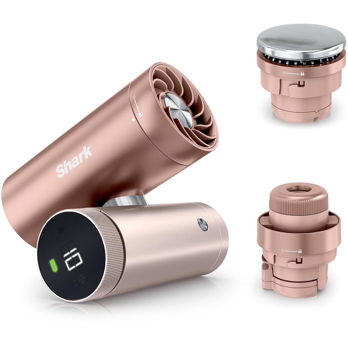 Rose gold handheld fan and mister with removable cap and compact fan nozzle