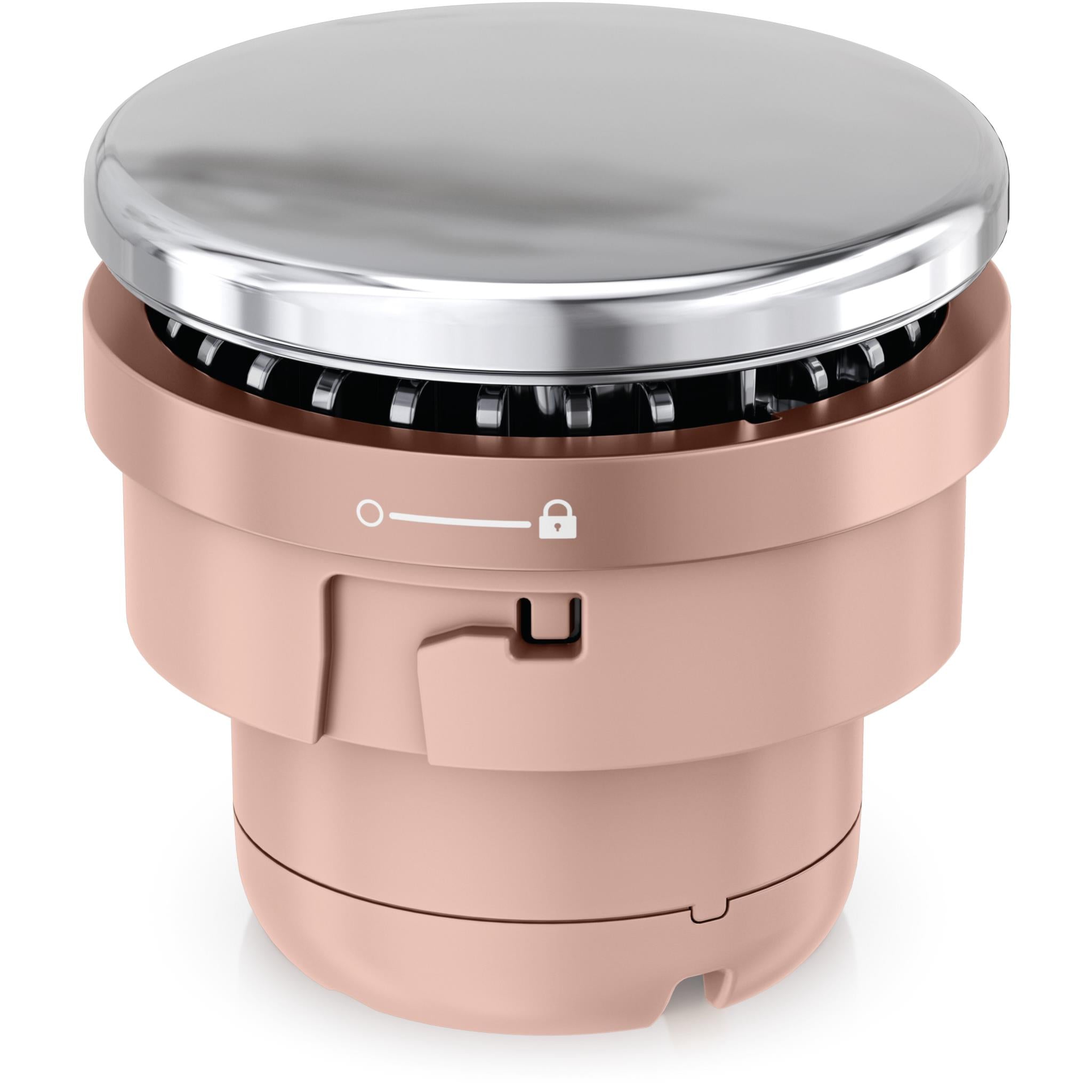 Rose gold evaporative mist fan top with vent grille and lock-style control