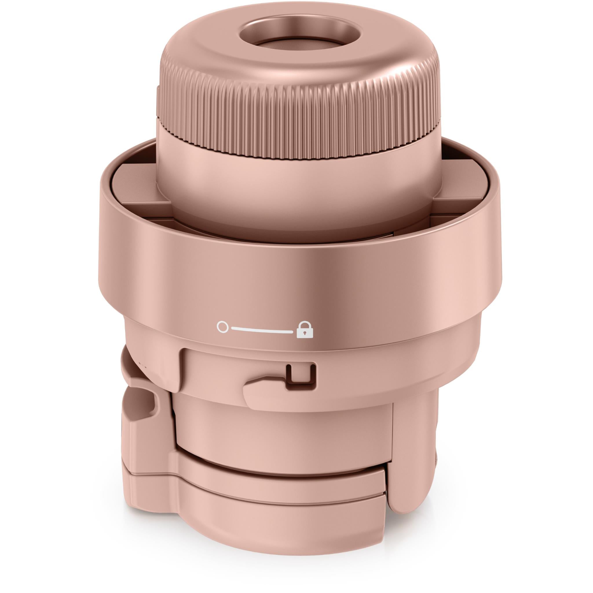Rose gold handheld mister attachment with ribbed cap and hinged housing