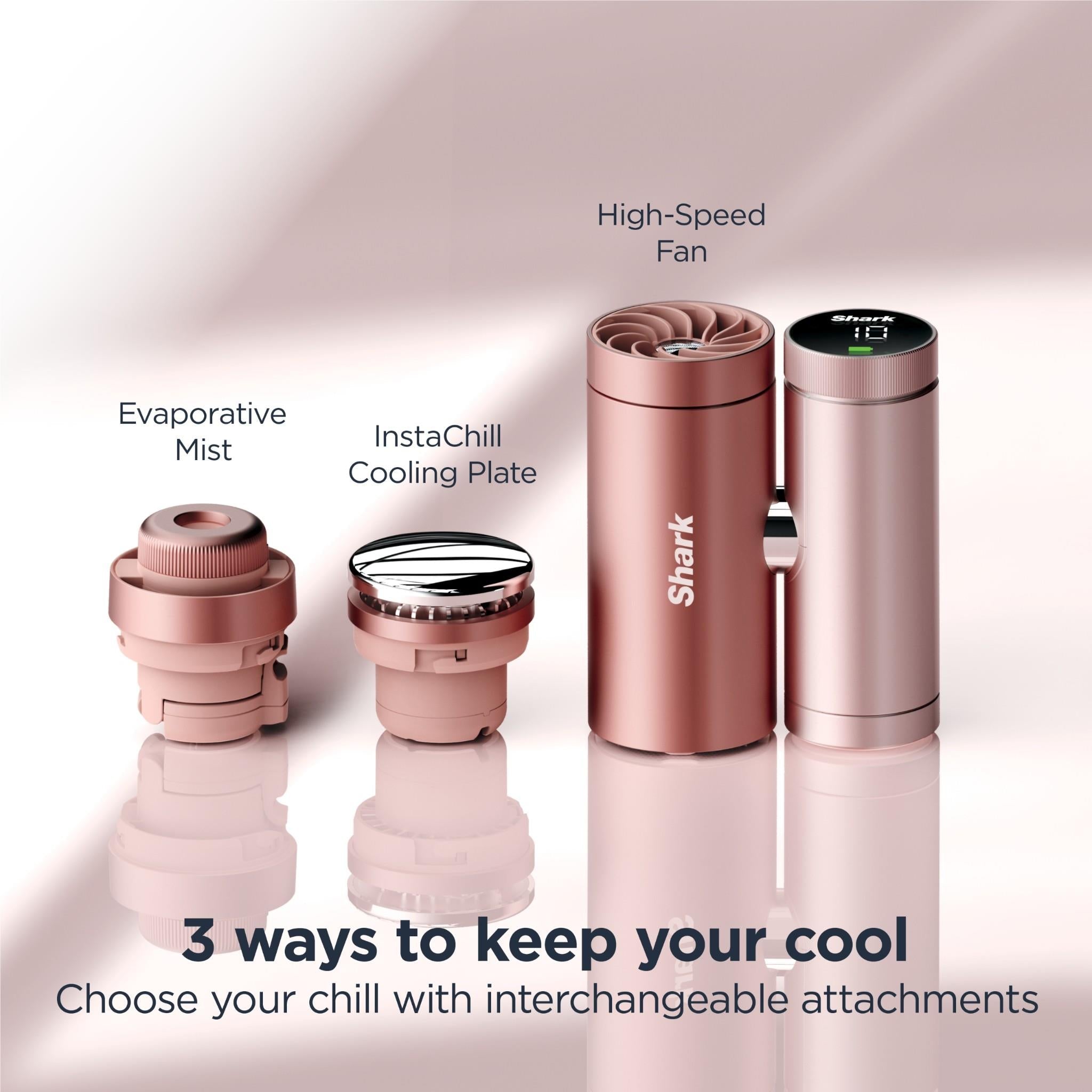 Rose gold 3-in-1 handheld fan and mister with interchangeable attachment parts