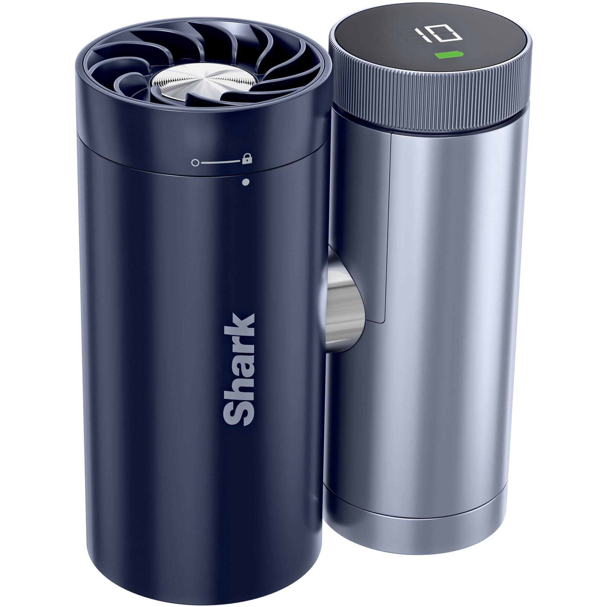 Two handheld fan and mister units in navy and silver with control display caps.