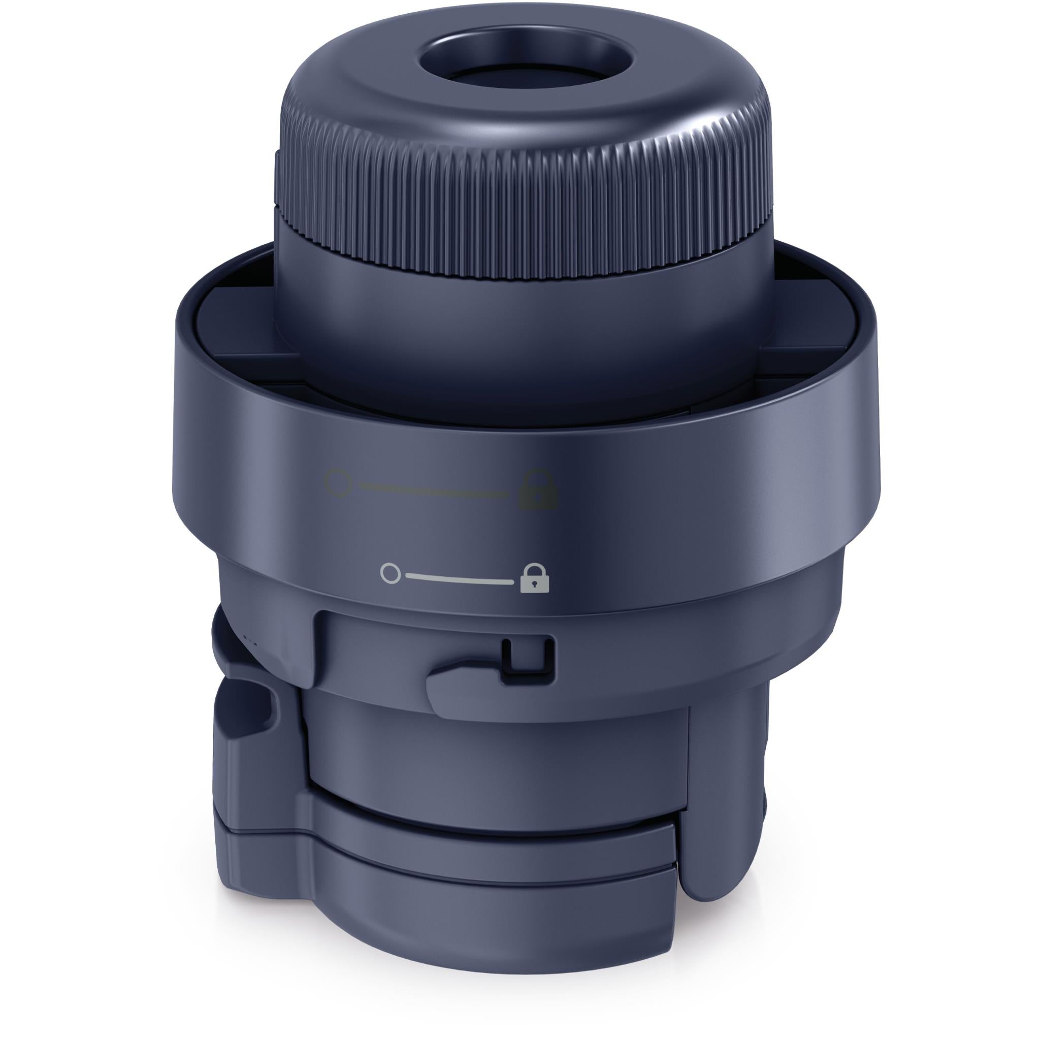 Dark navy handheld fan and mister base with ribbed top and latch controls.
