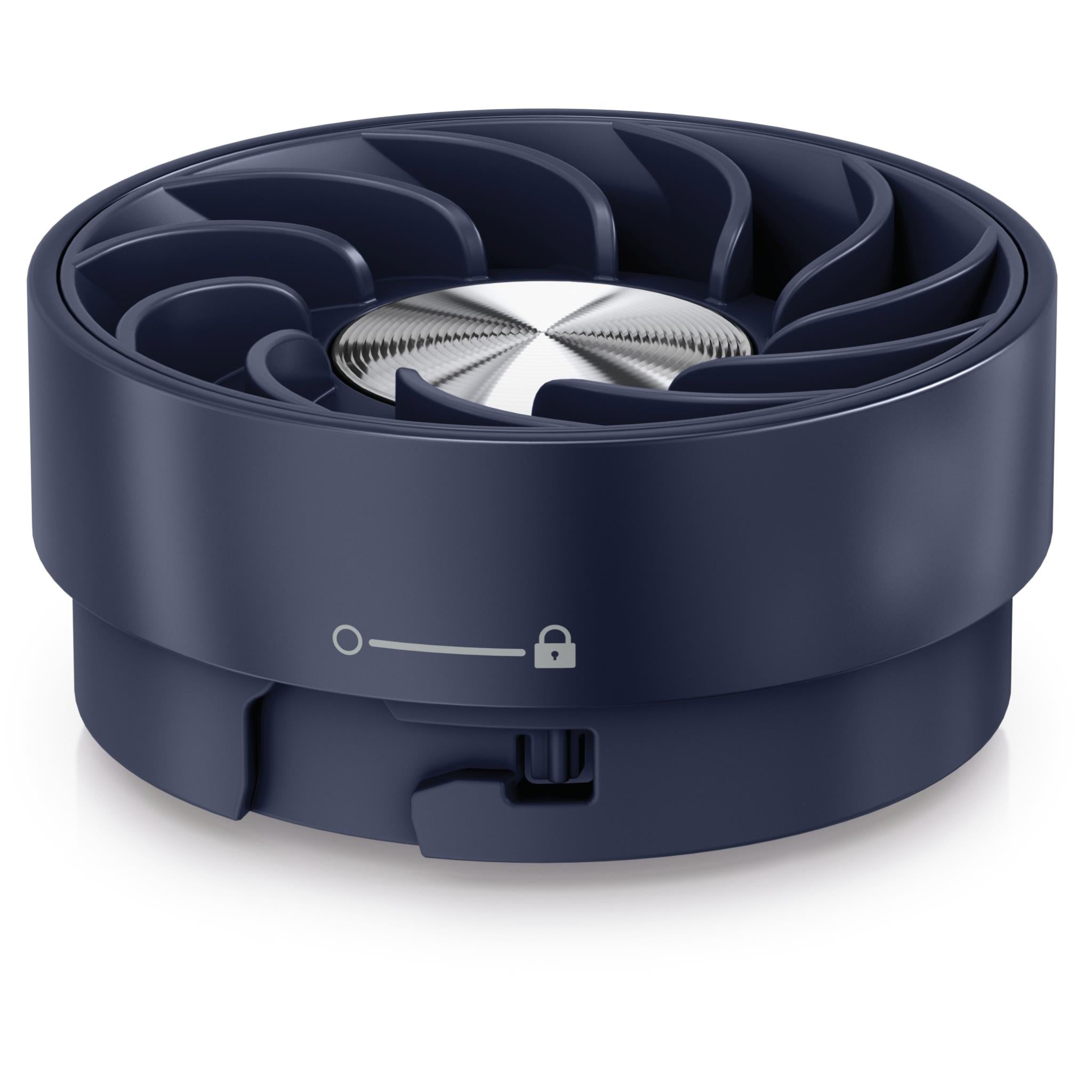 Dark navy handheld fan and mister top with visible fan blades and grille.