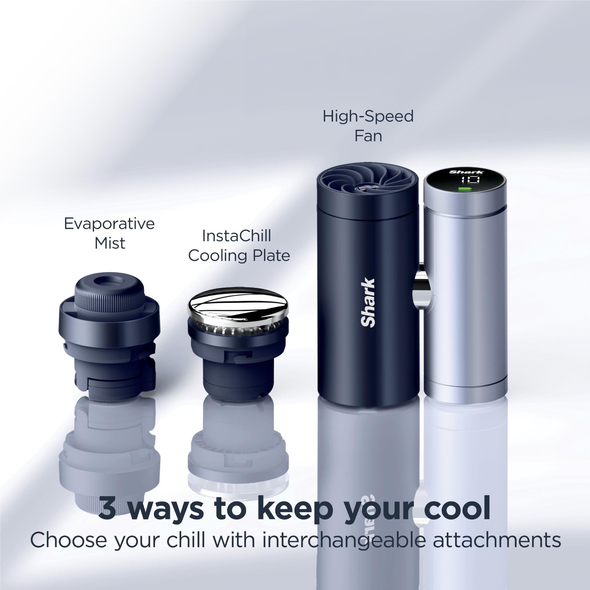Handheld fan and mister in navy and silver with three interchangeable cooling attachments.