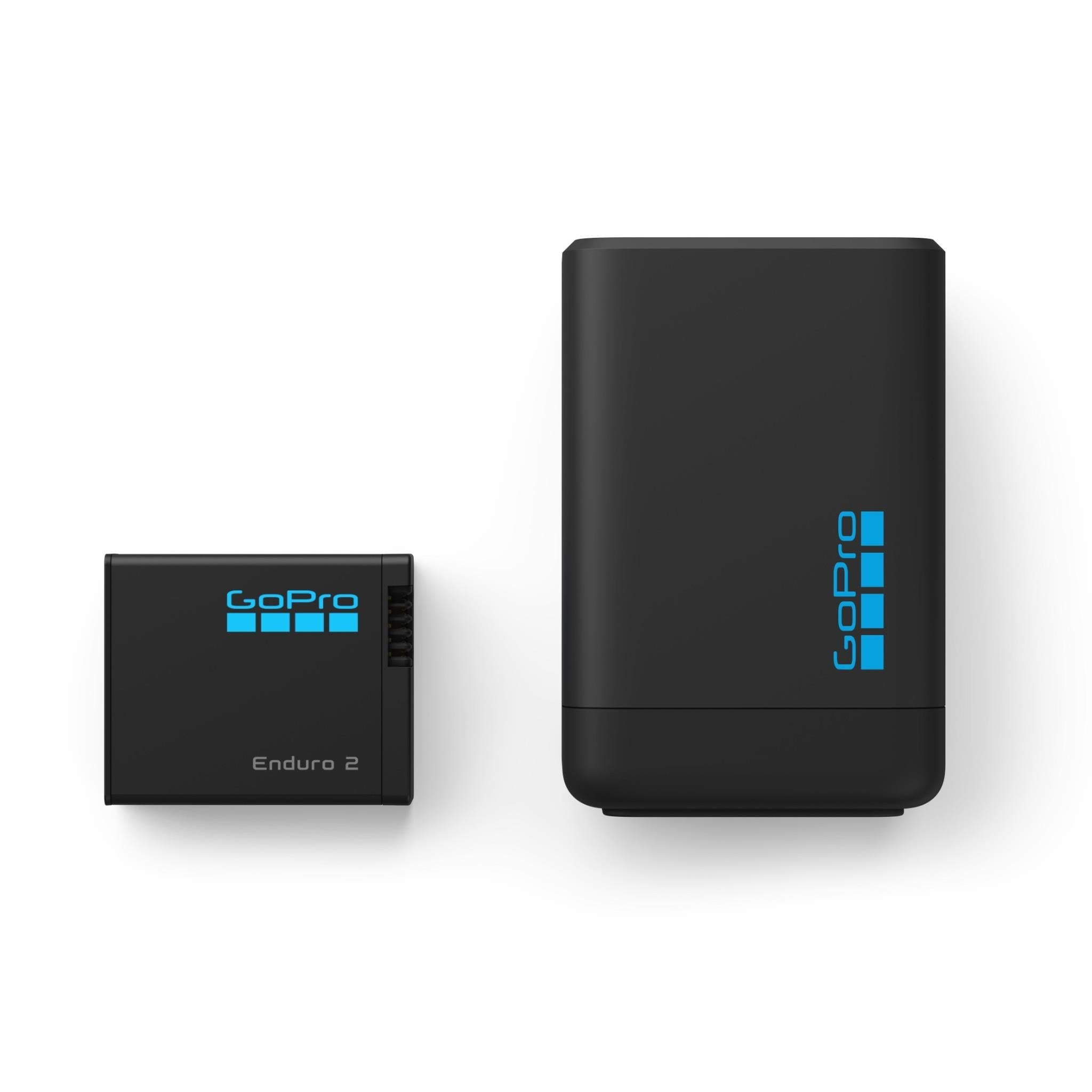 GoPro Enduro 2 dual battery charger and Enduro 2 battery, black with blue logo
