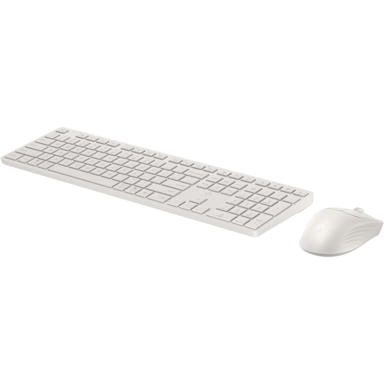 White wireless keyboard and mouse combo, full-size keyboard with sculpted mouse