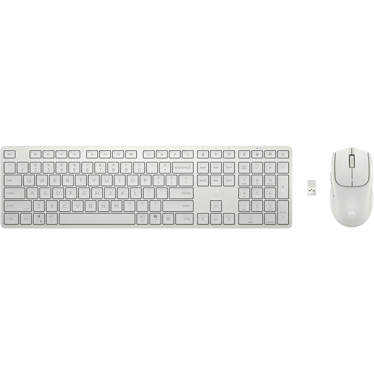 White wireless keyboard and mouse combo with USB receiver