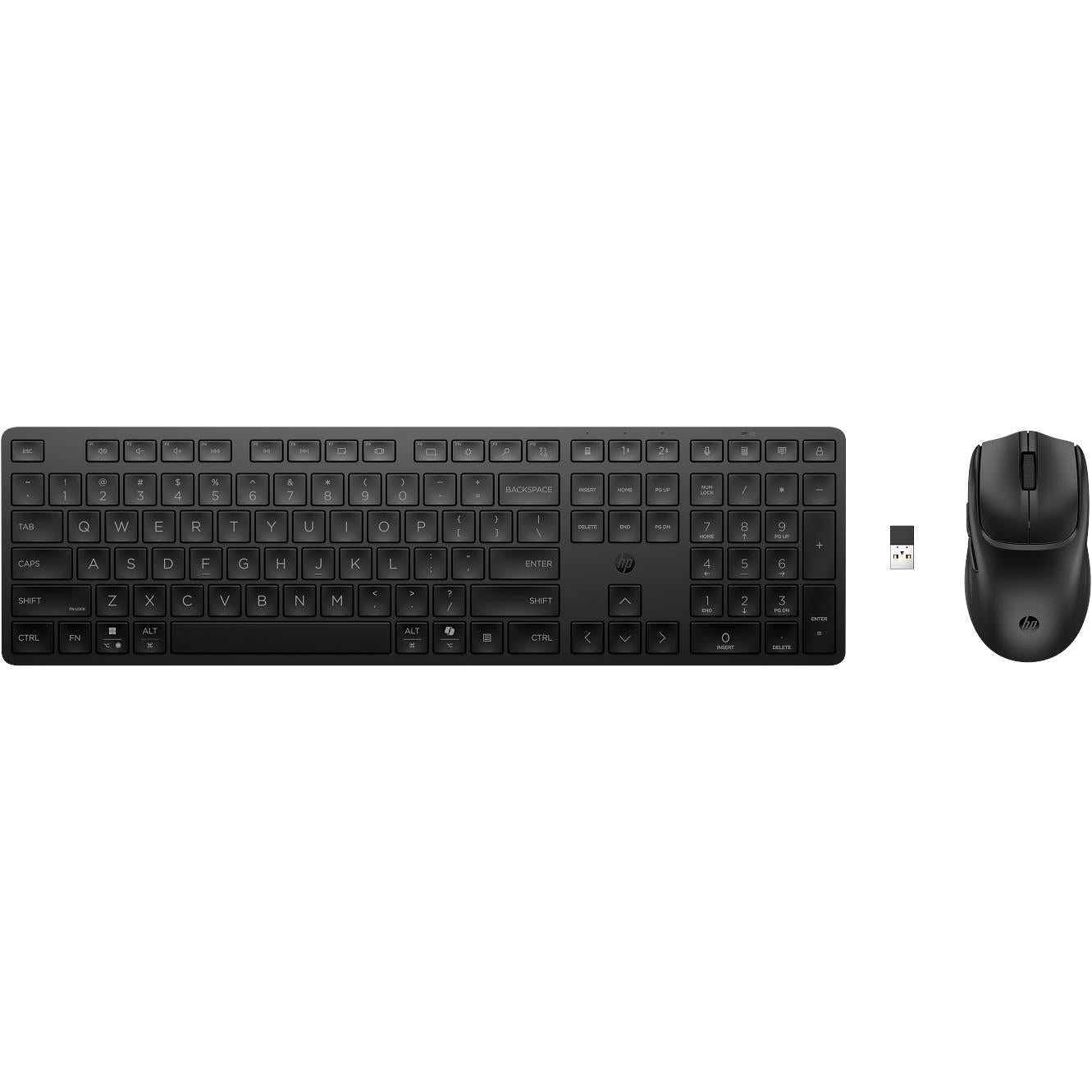 Black wireless keyboard, contoured mouse, and USB wireless receiver