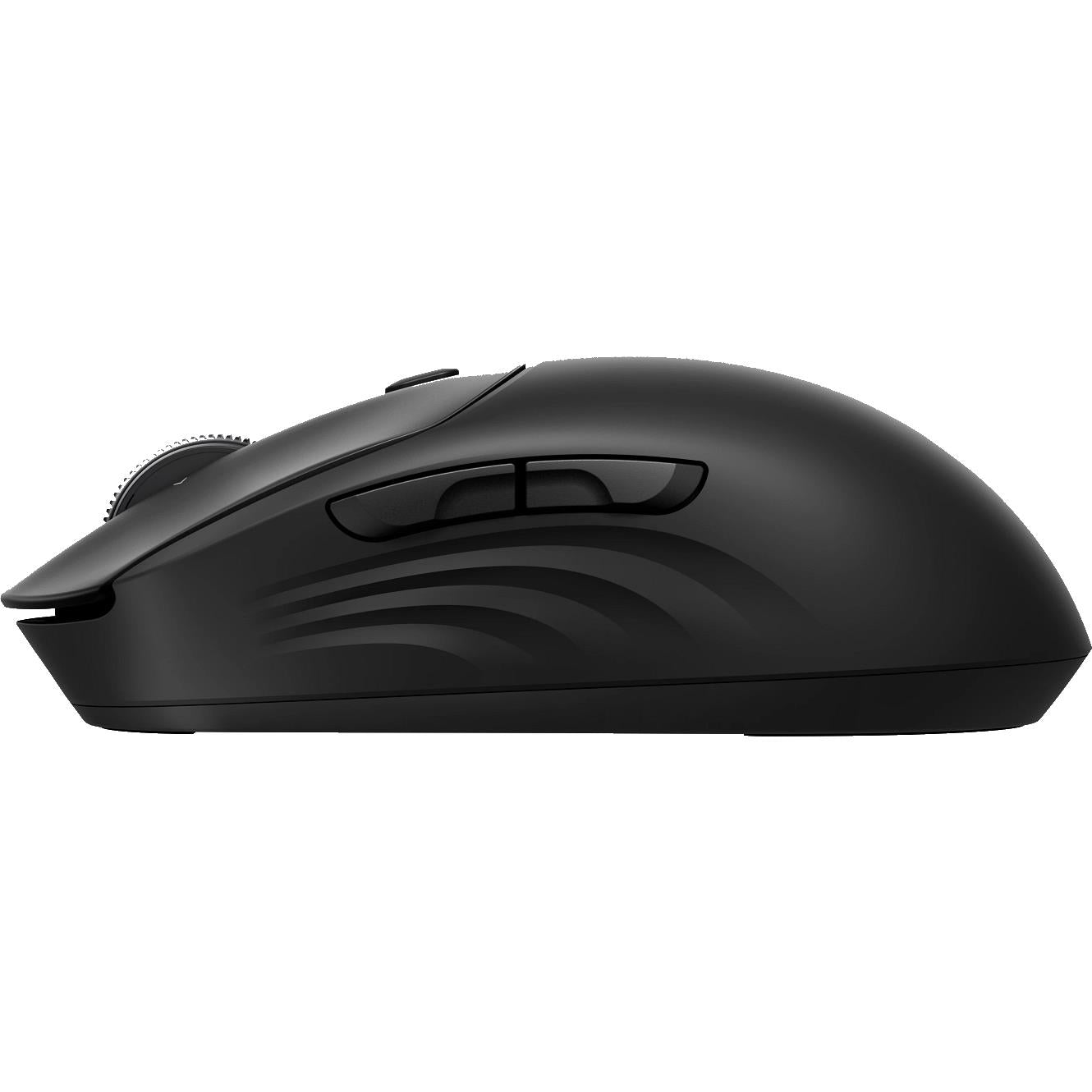 Black wireless mouse side view with sculpted buttons and low-profile shape