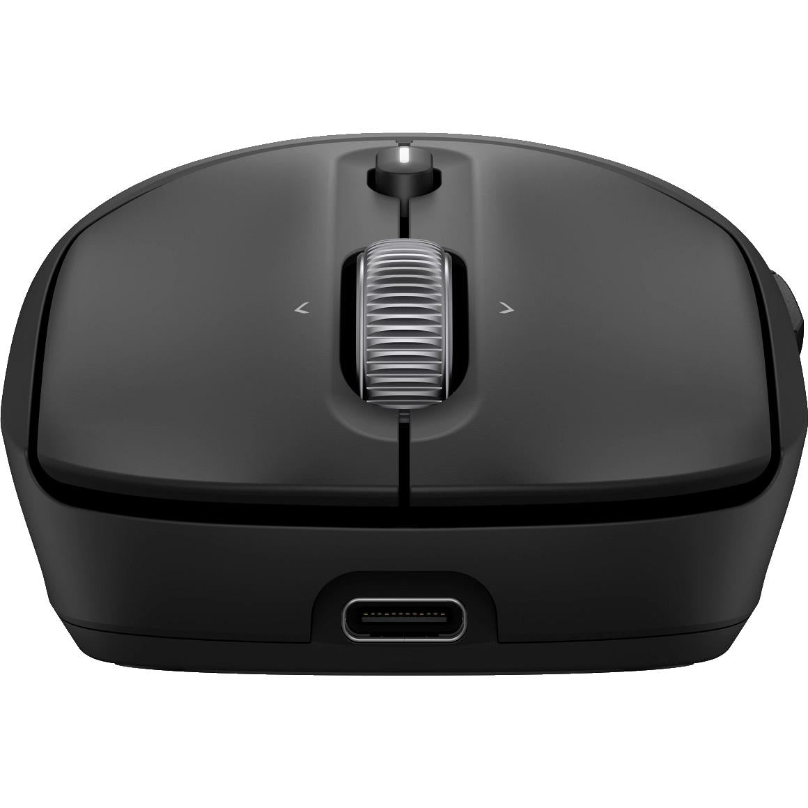 Black wireless mouse top view with textured shortcut wheel and side control arrows