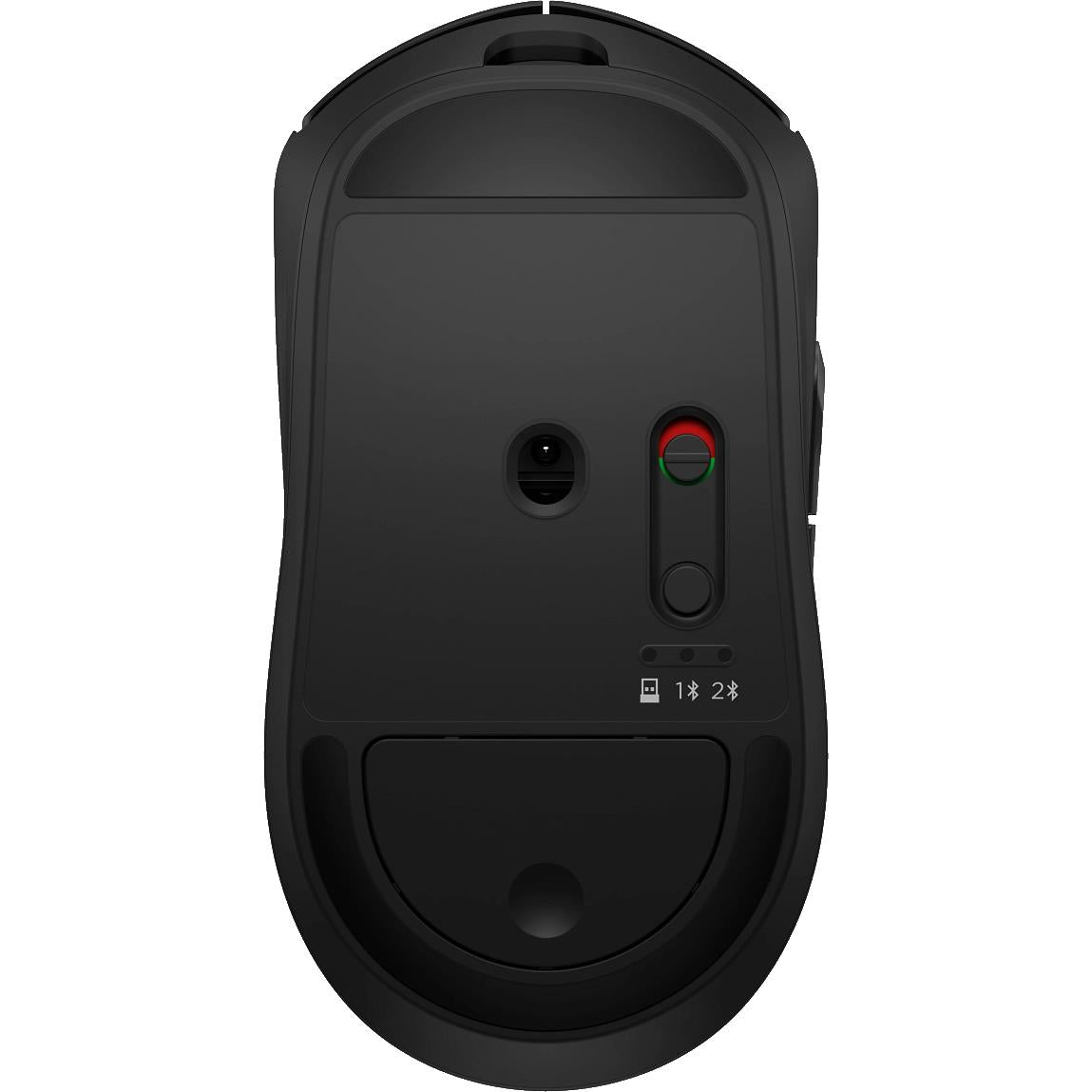 Black wireless mouse bottom with charging port, mode switch, and status indicators
