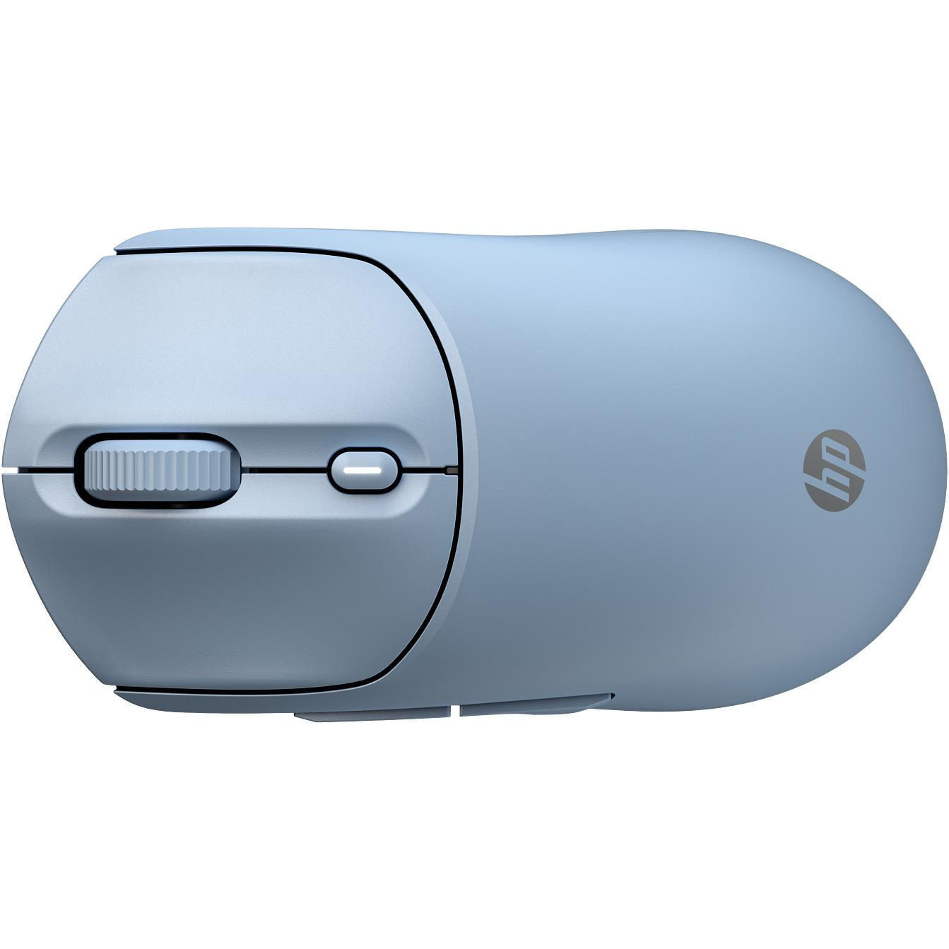 HP 400 quiet silicone wireless mouse, light blue, side view with logo and panel