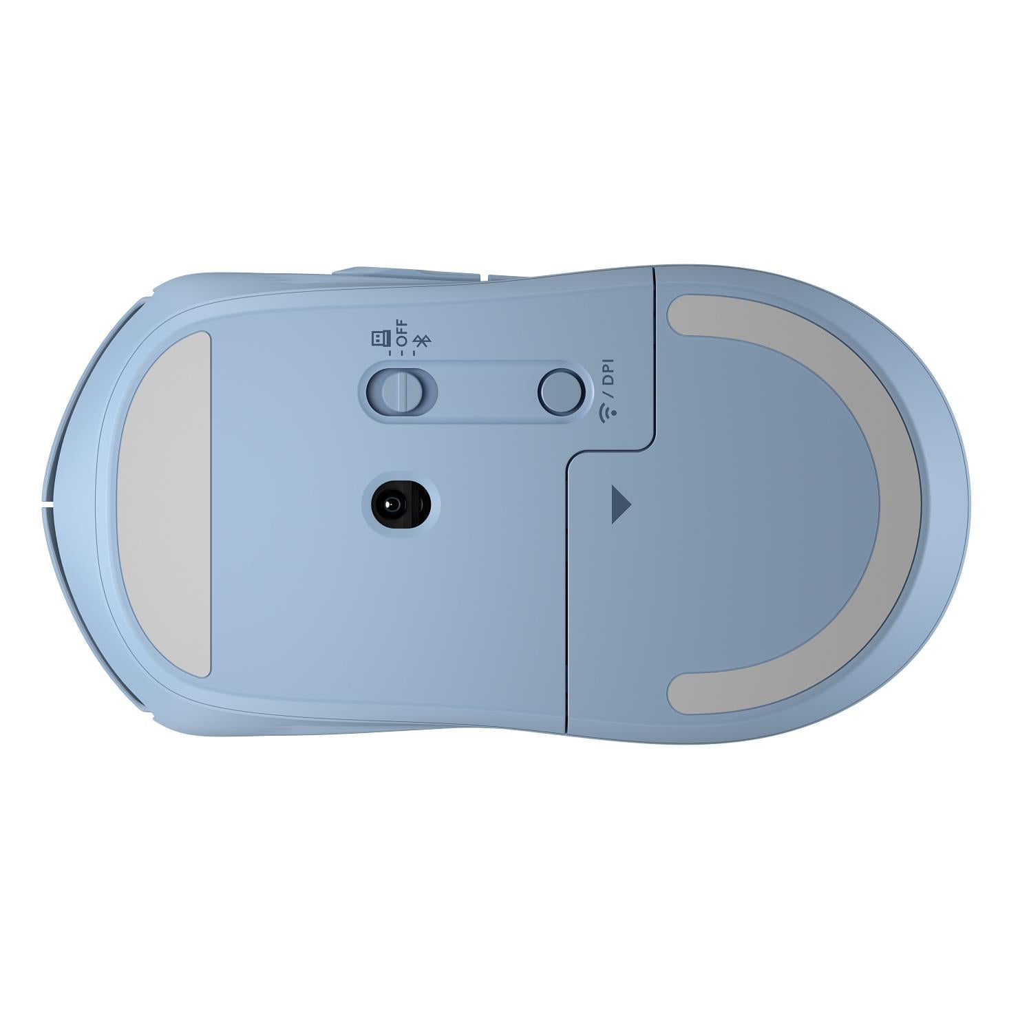 HP 400 quiet silicone wireless mouse, underside view with sensor and switch