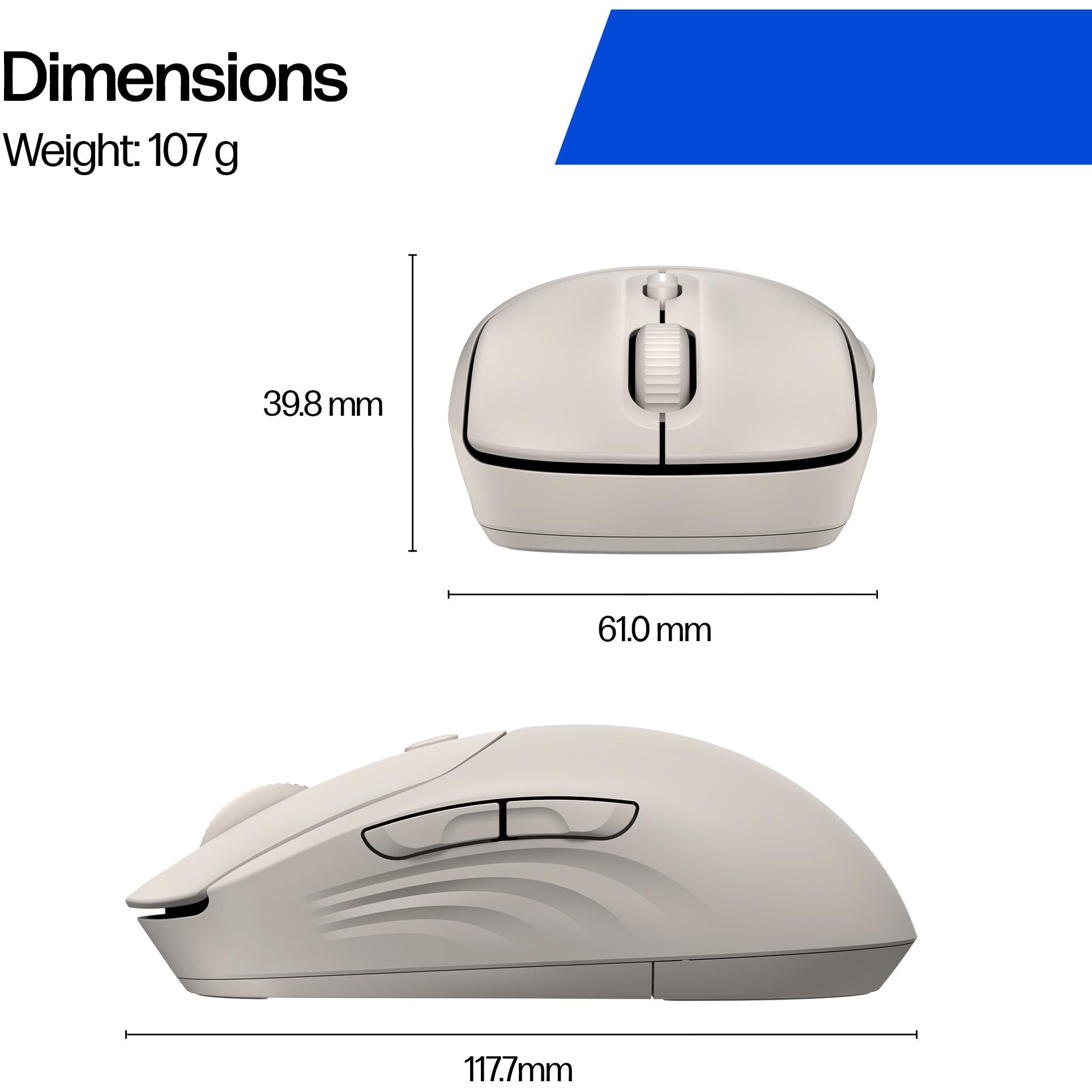 HP 400 quiet silicone wireless mouse, side and top dimensions view