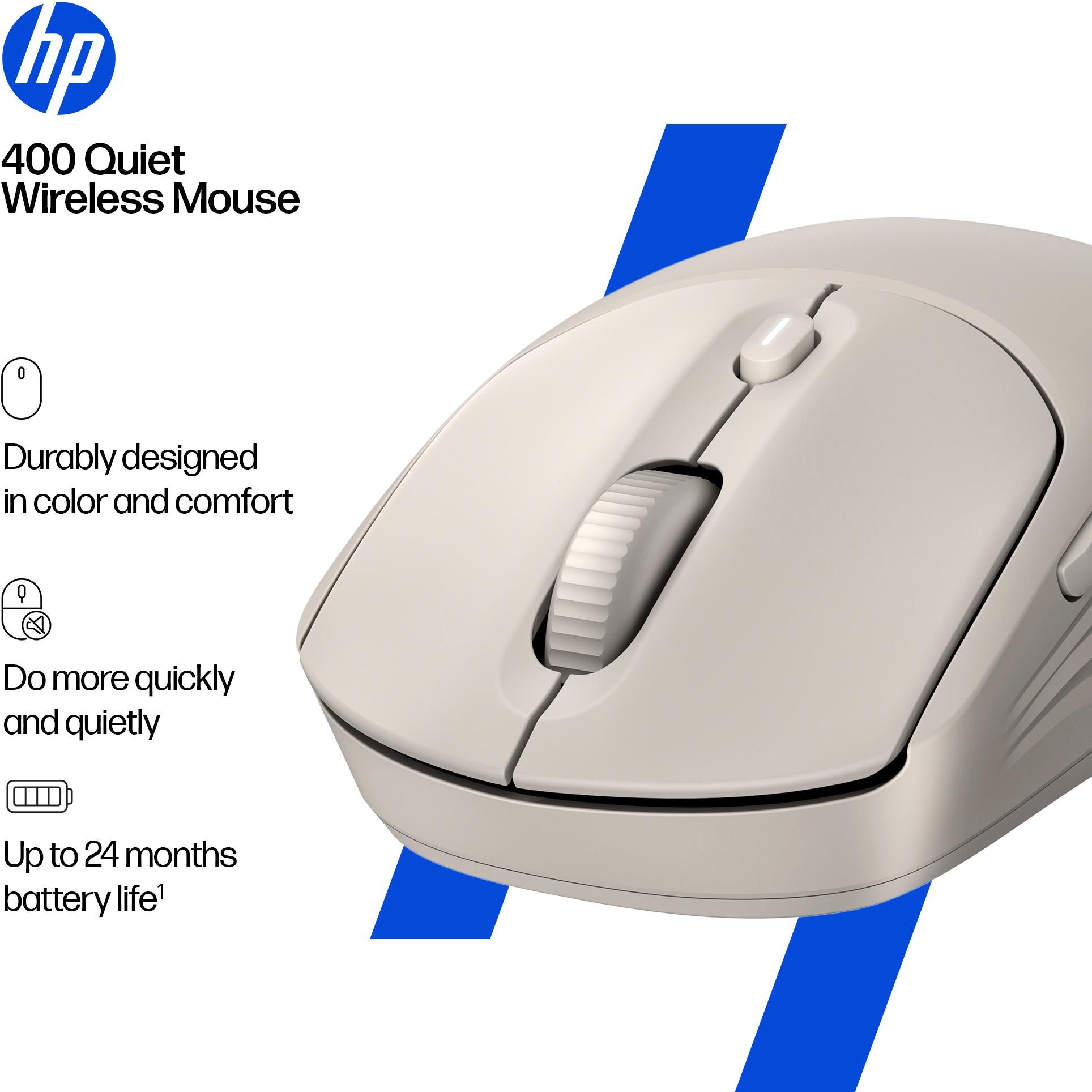 HP 400 quiet wireless mouse, light gray, angled top view