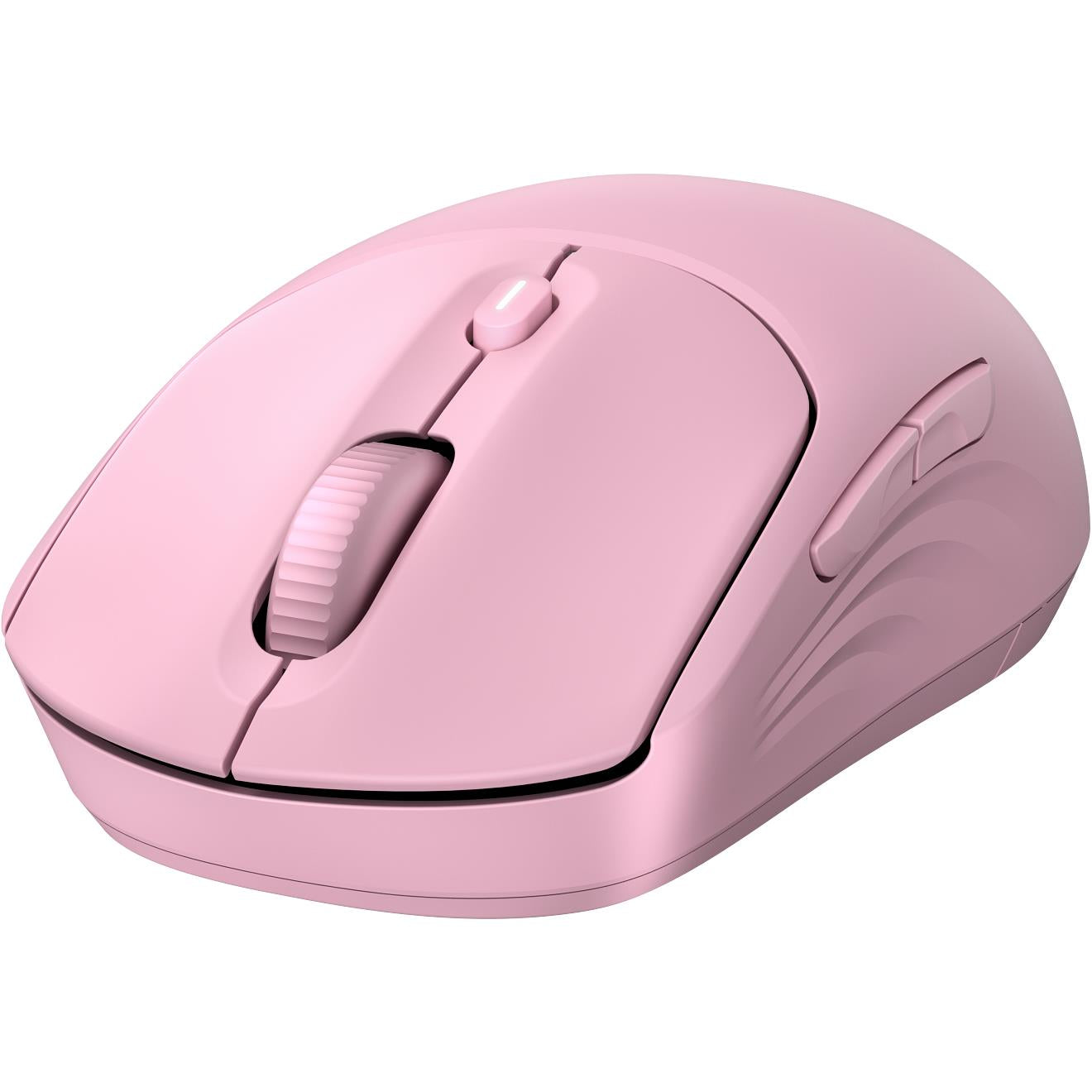 Pink wireless computer mouse with contoured shape and central scroll wheel.
