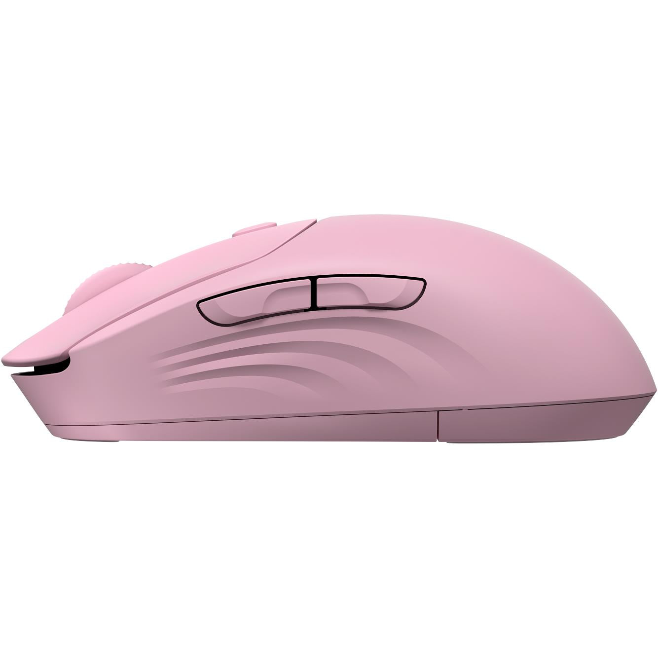 Pink wireless computer mouse side view with top buttons and ergonomic curve.