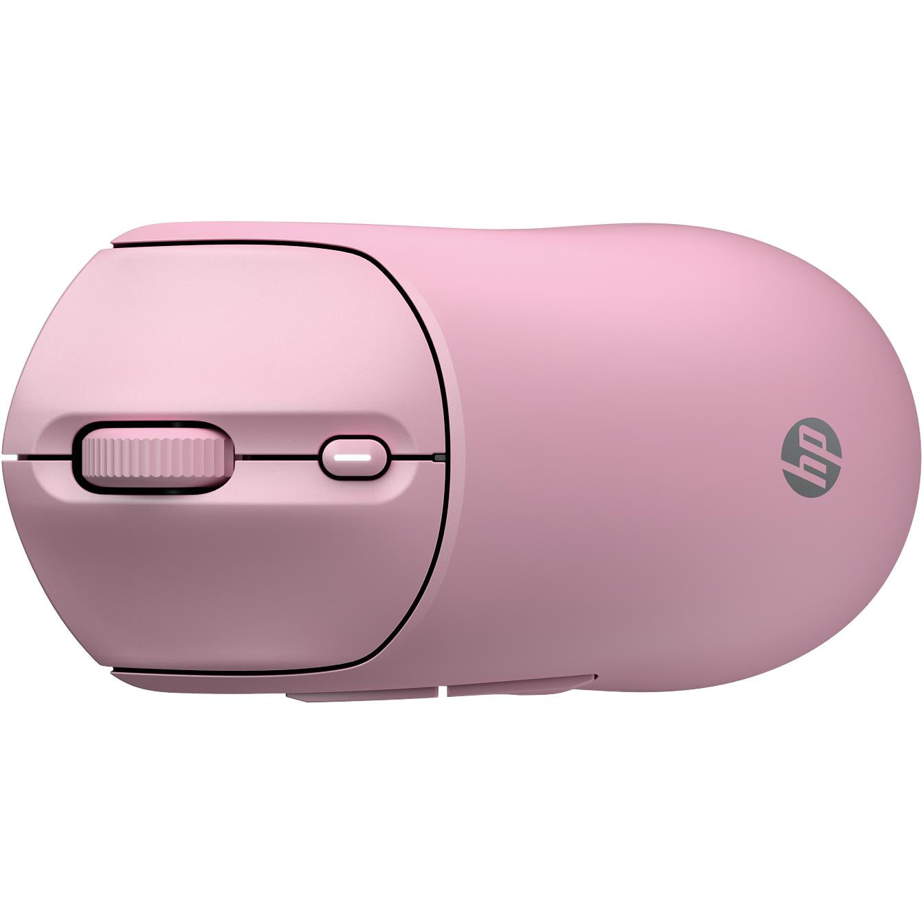 Pink wireless mouse side profile with forward button and logo on the shell.