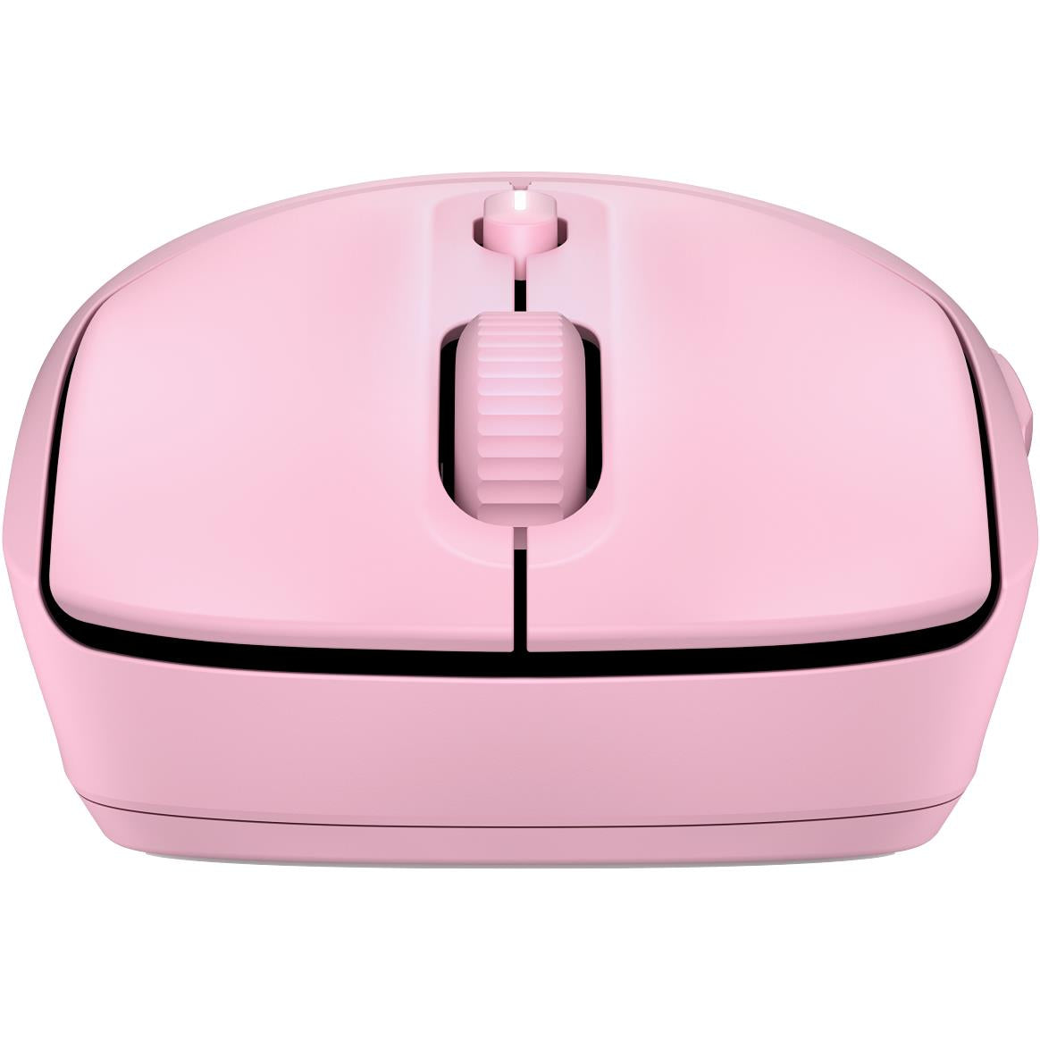 Pink wireless computer mouse front view with central scroll wheel and smooth body.