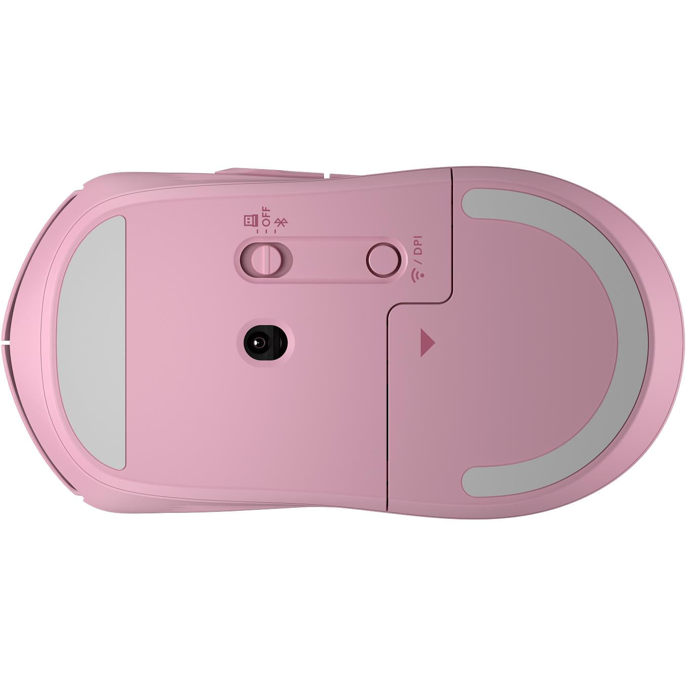 Pink wireless mouse underside with sensor window and control switch panel.