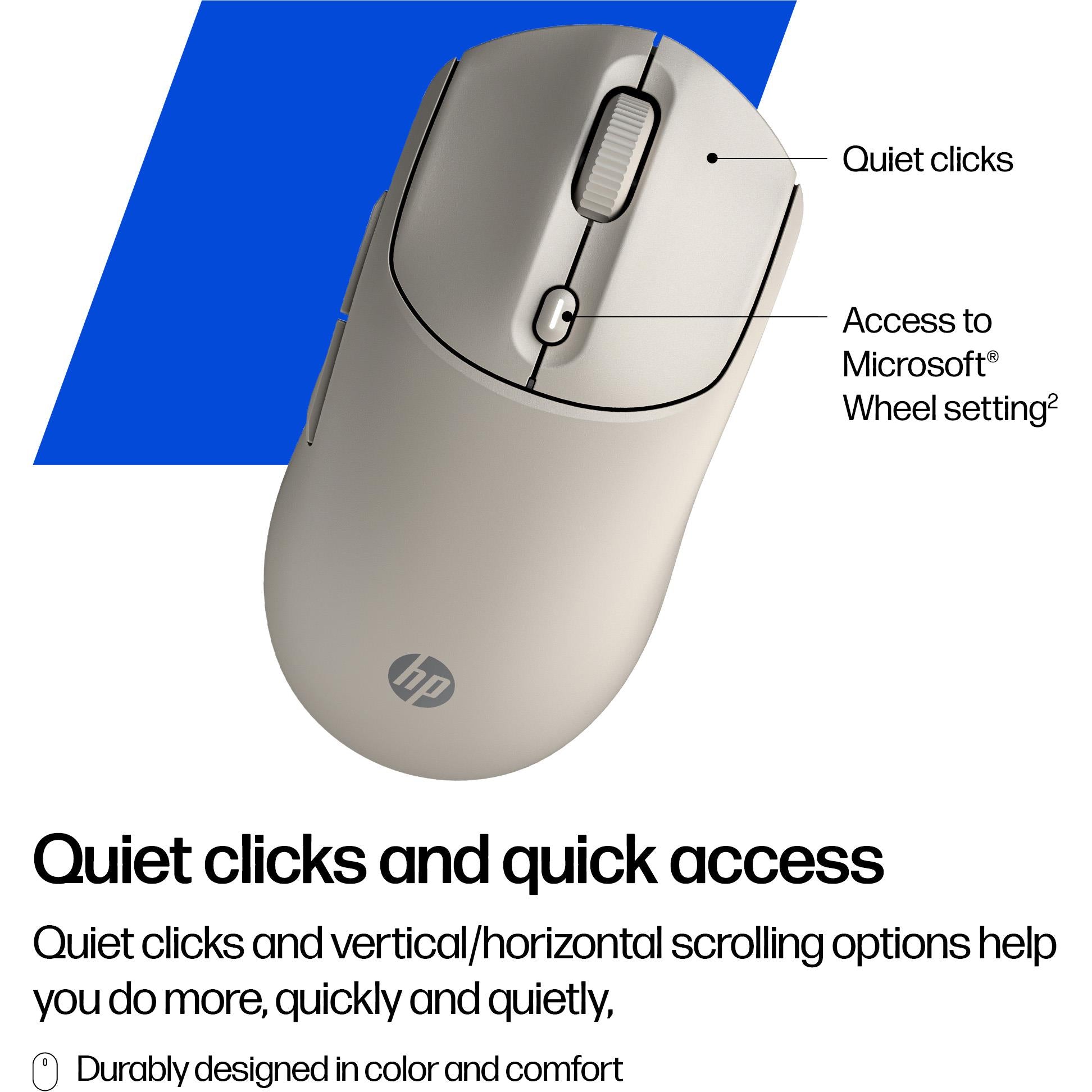 Gray wireless mouse side view with scroll wheel and quiet-click design.