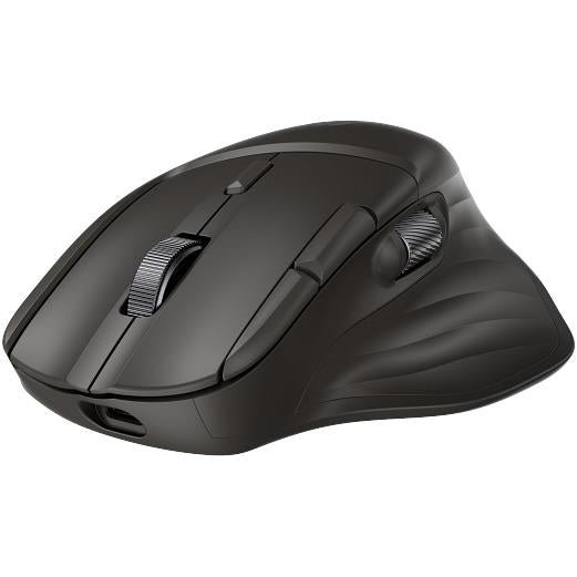 Black rechargeable Bluetooth mouse with ergonomic curved shape and ridged top scroll wheel