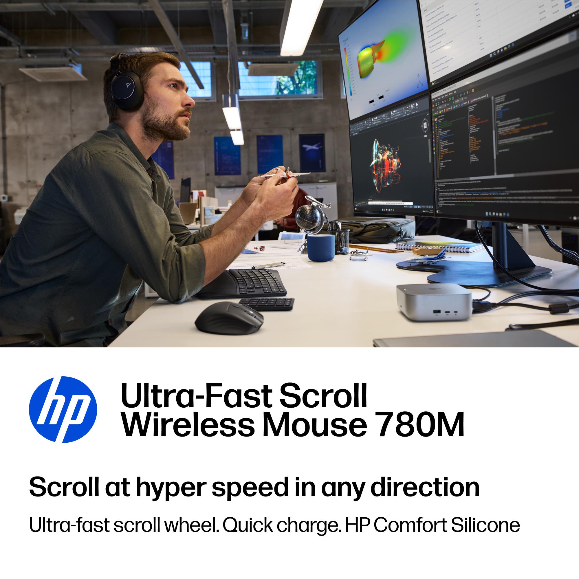Black HP wireless mouse in use at a workstation, with scroll wheel visible