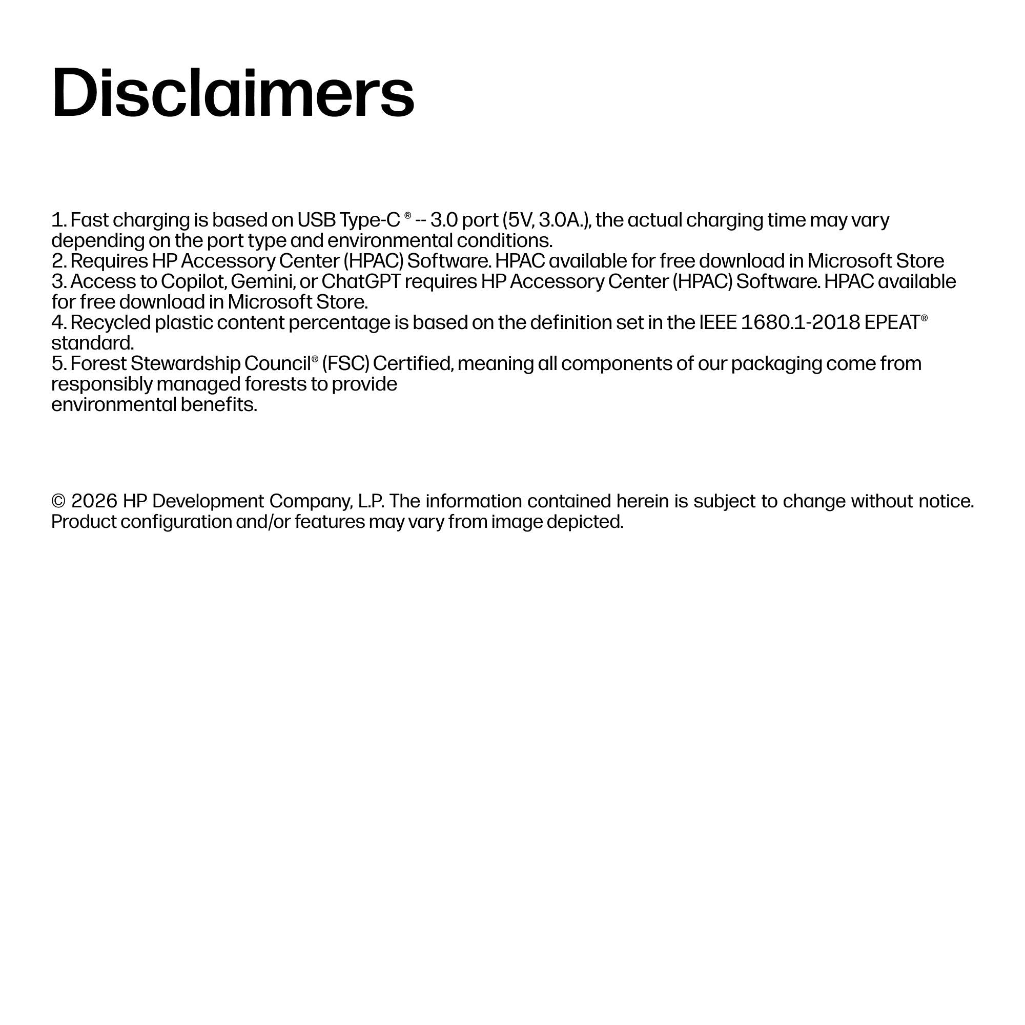 Black HP wireless mouse documentation page with specifications and disclaimers