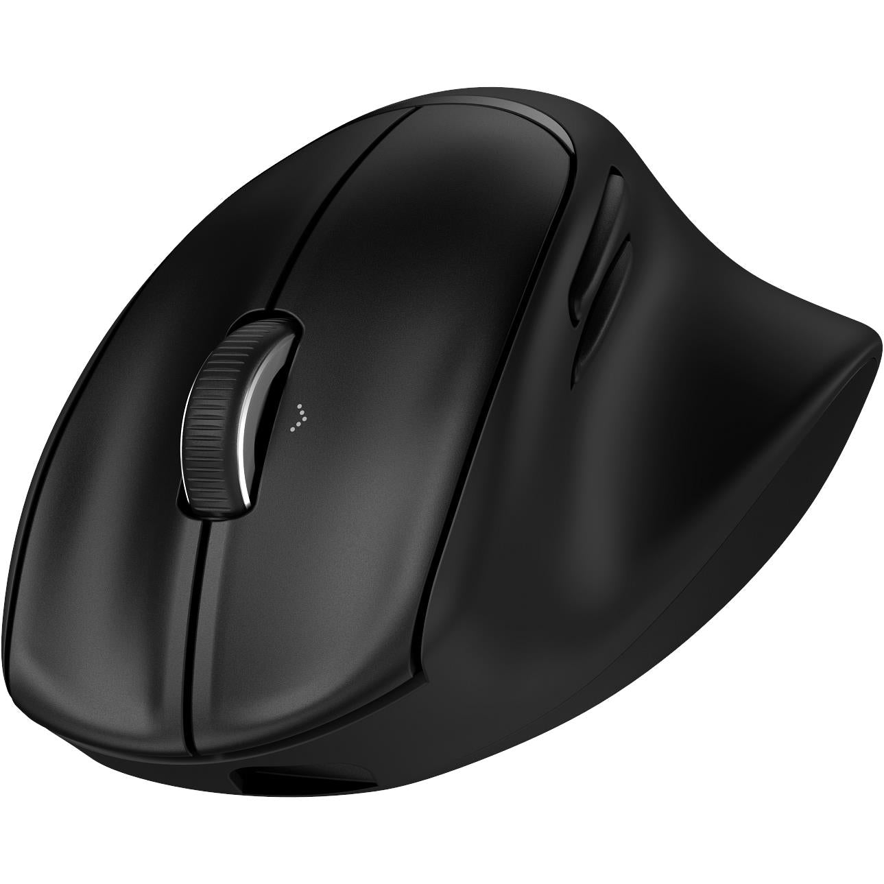 Black semi-vertical ergonomic rechargeable mouse with sculpted grip and side scroll wheel