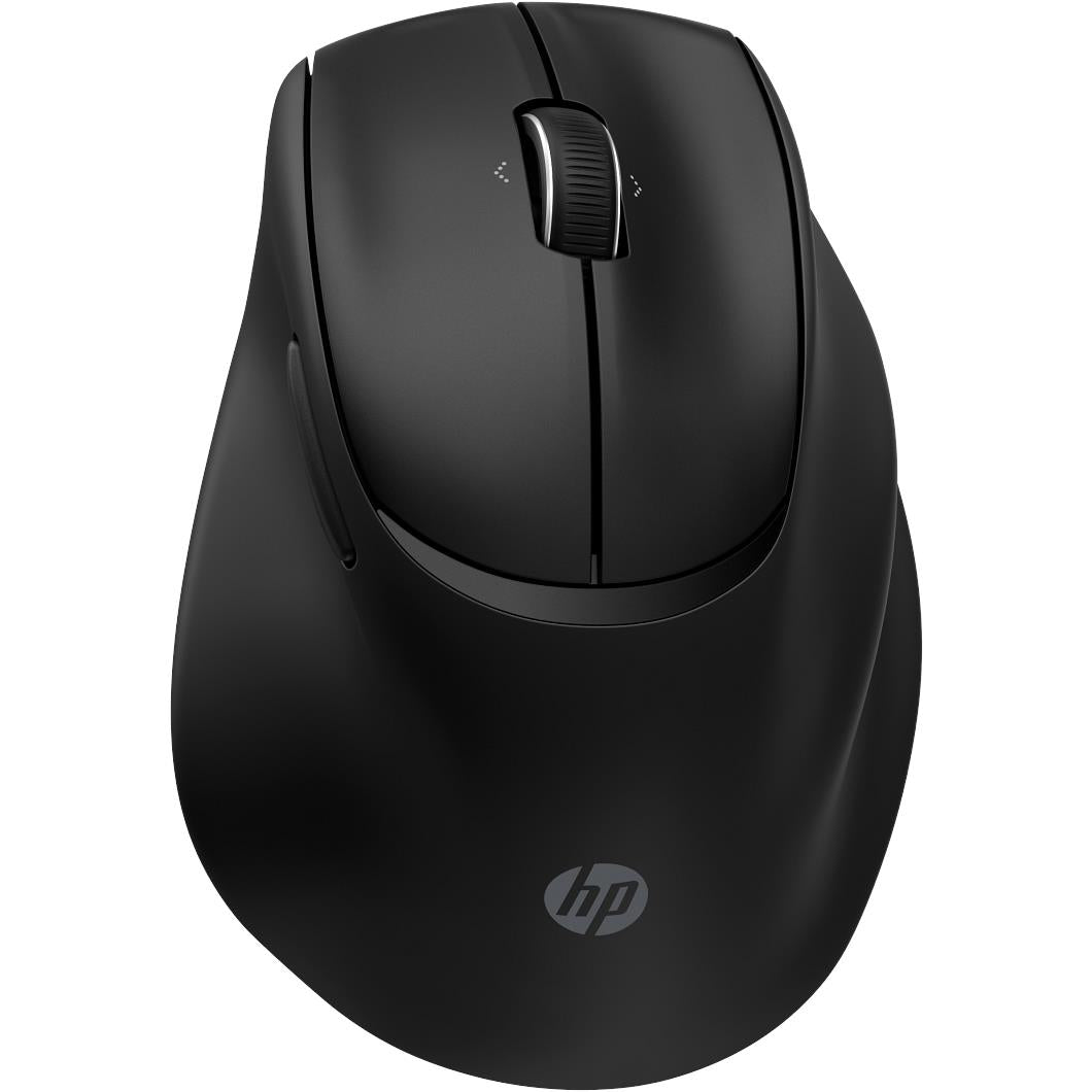 Black ergonomic rechargeable mouse with centered scroll wheel and HP logo