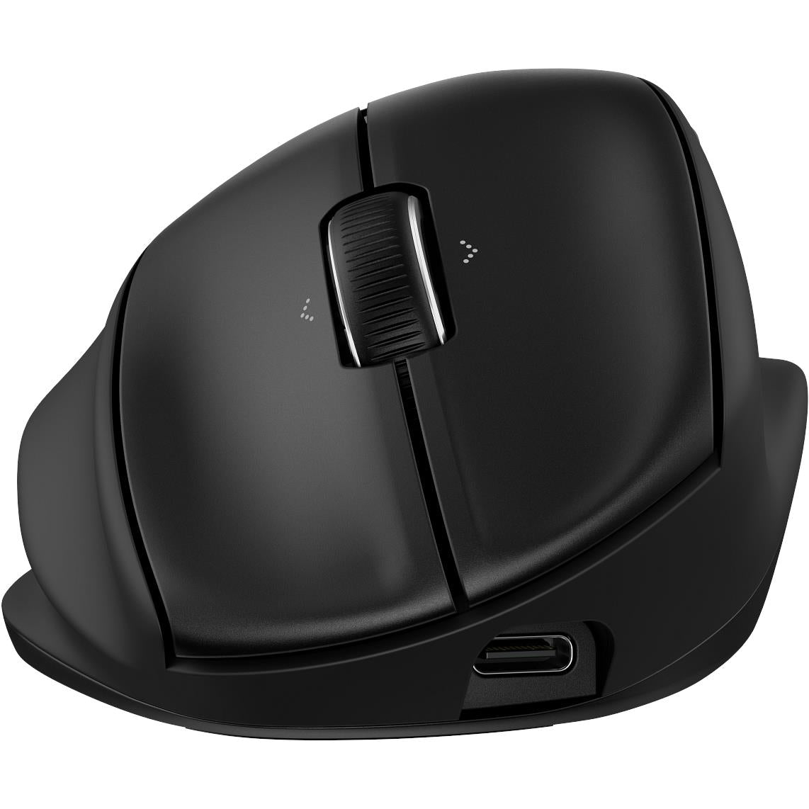 Black ergonomic rechargeable mouse with micro-USB charging port and textured wheel