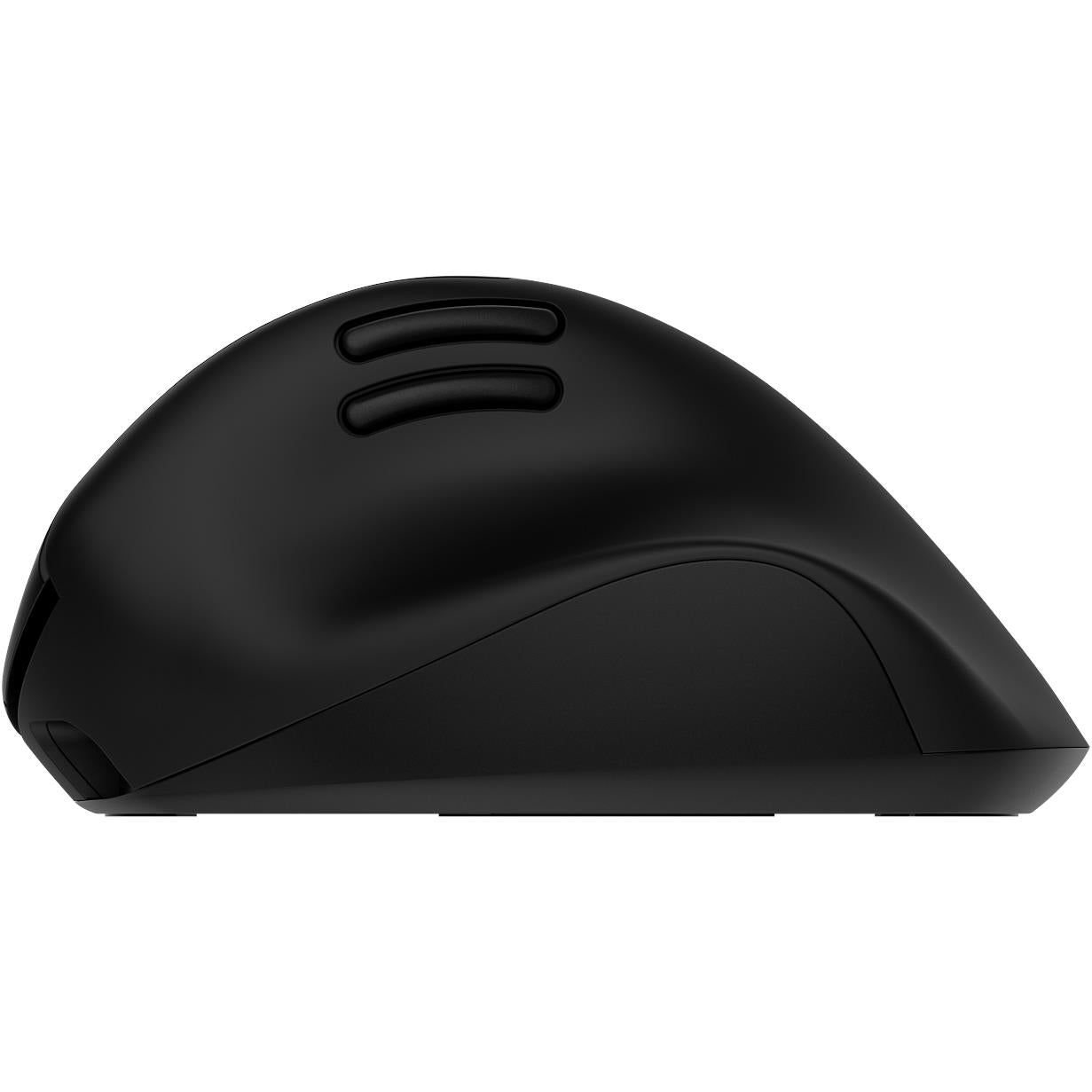 Black ergonomic rechargeable mouse top with dual buttons and contoured palm rest