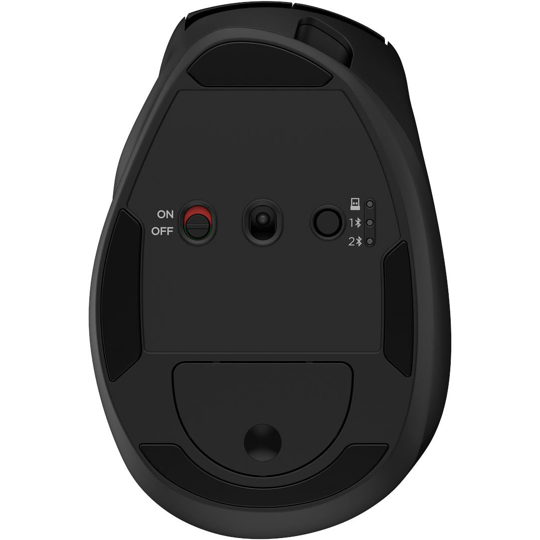 Black ergonomic rechargeable mouse bottom with power switch, buttons, and charging contacts